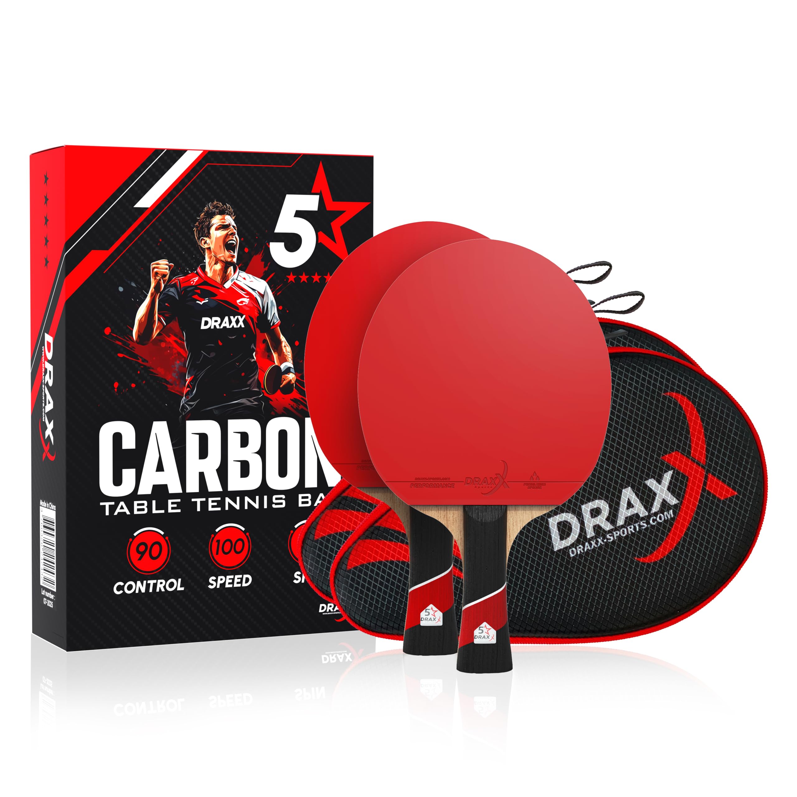 Raquettes de Ping-Pong Carbone | Pack DE 2 | 5 Étoiles, Éponge 2mm, Effets Faciles, Légère et Rapide | Entraînement Compétition Club Loisir