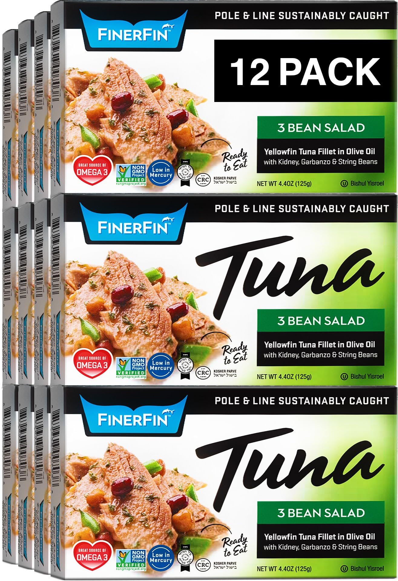 FinerFin Yellowfin Tuna Salad in Organic Olive Oil | 3 Bean Salad Flavor | Premium Canned Tuna Fish with EVOO | Gourmet Ready-to-Eat Wild-Caught Fillets | 4.4oz can - 12 Pack