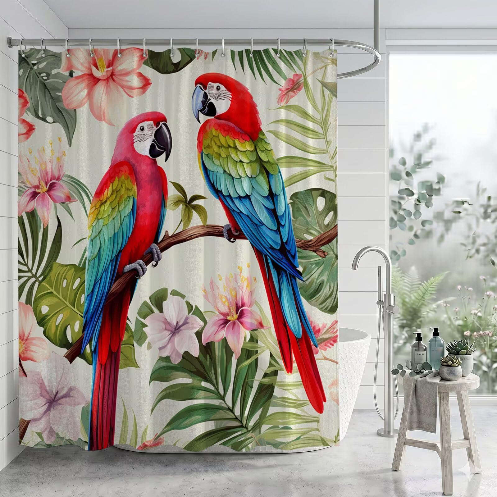 Fiore Flor Loro Cortina de Ducha 300 x 200 cm Impermeable Repelente al Agua para Bañera y Baño, Cortina de Tela Poliéster Gruesa con Bajo Lastrado, Lavable a Máquina, con Anillas, Q-o440