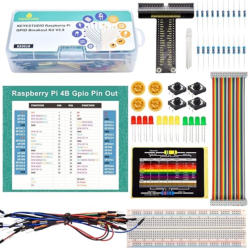 KEYESTUDIO GPIO - Kit de ruptura para Raspberry Pi 4 4b 3 3b+ con placa de pan sin soldadura, cable GPIO, LED, resistencias, botones para