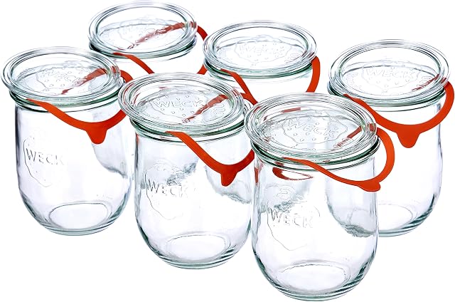 Weck Tulip Glass 1 Litre in Set of 6 Lids, Sealing Ring Clips, 6 x 1 Liter
