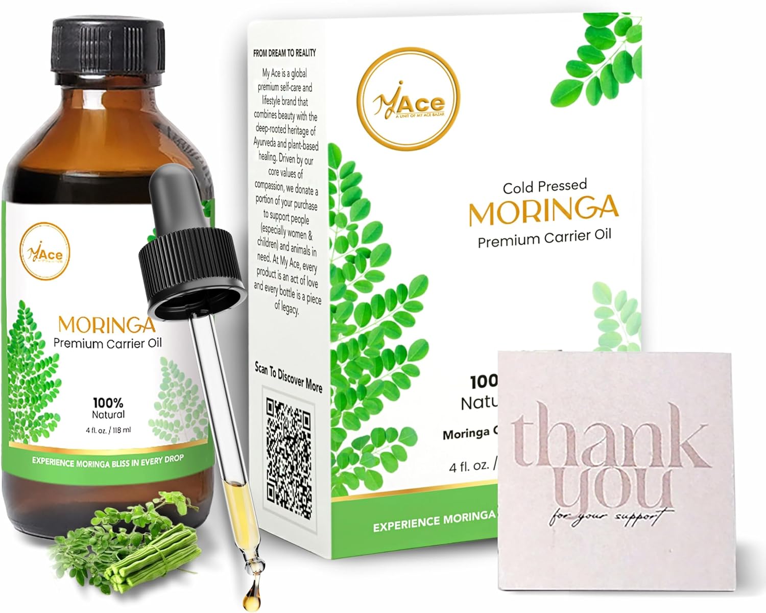 My Ace Moringa Carrier Oil 4 Fl Oz - 100% Pure & Natural - Premium Grade, Cold Pressed Unrefined for Skin & Face Care, Hair Growth, Facial & Body Massage, Scalp Treatment, Stretch Marks & Aromatherapy