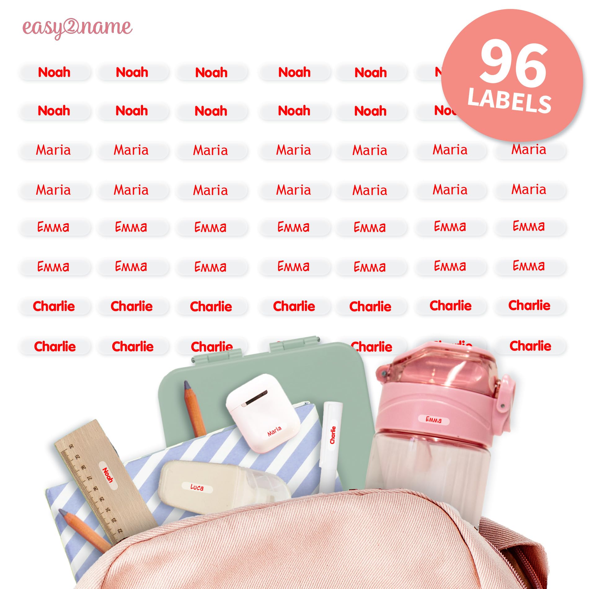 Easy2Name - Personalised mini XS Name Labels - Waterproof Name Stickers for Children and Adults - Ideal as Name Stickers in The Office, Workshop or School -20x4mm - Transparent (Red, 96)