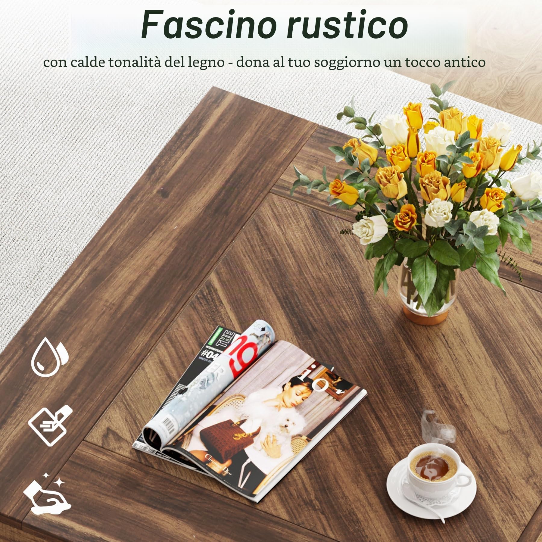 Tribesigns Tavolino da caffè quadrato, tavolino da caffè in legno per soggiorno, 80 cm, moderno tavolo da tè, tavolino da tè, tavolo d'accento, rustico, marrone e nero