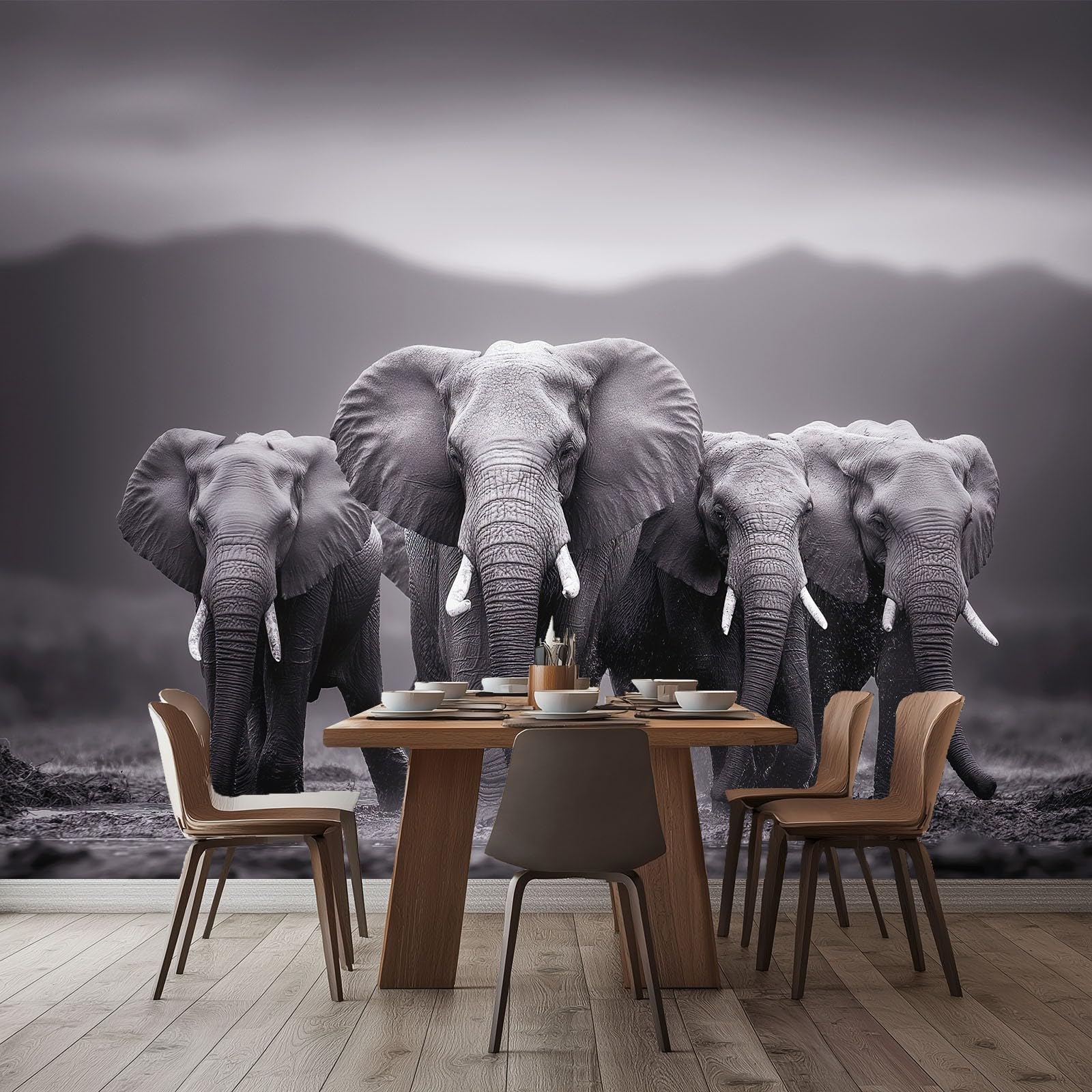 Tapeta dziecięca 3D nowoczesne czasy łąki migracja słonie 200 x 140 cm - fototapeta do pokoju chłopców i dziewcząt z włókniny premium - artystyczny wzór marzeń szary