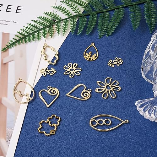 Miniatura 5 de Spritewelry Colgantes de bisel de aleación con parte trasera abierta, encantos de marco hueco dorado, estrella, flor, corazón, lágrima, marco de