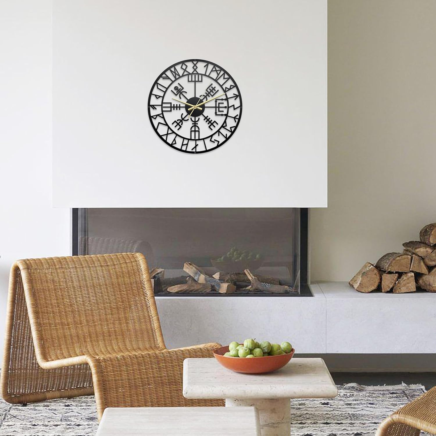 Unique Viking Decor Wall Clock 13.5x13.5 Inches, Norse Pagan Decorative Clocks for Walls,Viking Gifts for Men, Matte Paint Metal Wall Clocks for Living Room Decor, Black
