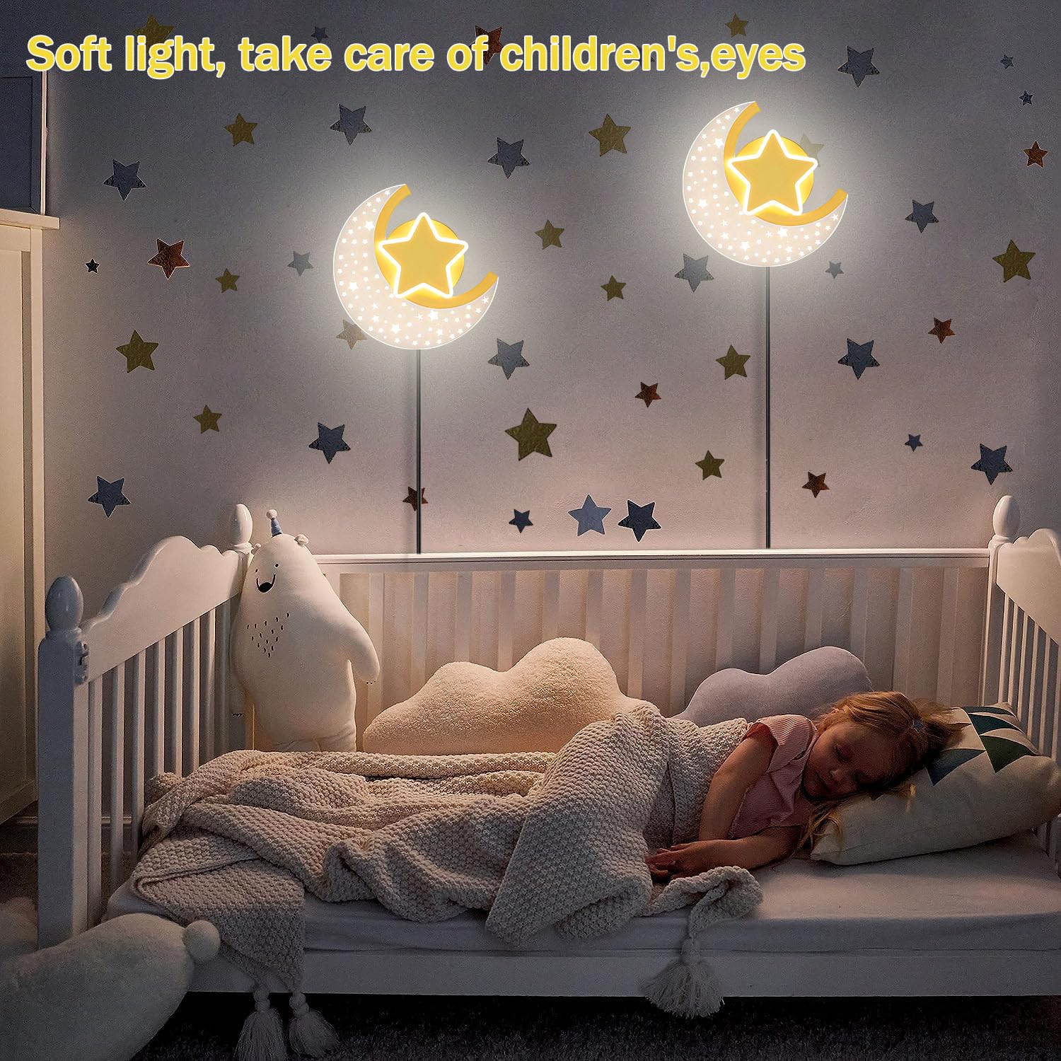 Lámpara de Pared LED con Interruptor Táctil Regulable Estrella Luna Aplique de Pared de Cabecera con Enchufe 12W Iluminación de Pared Interior para Dormitorio Niños y Niñas Estudiar Luz de Lectura