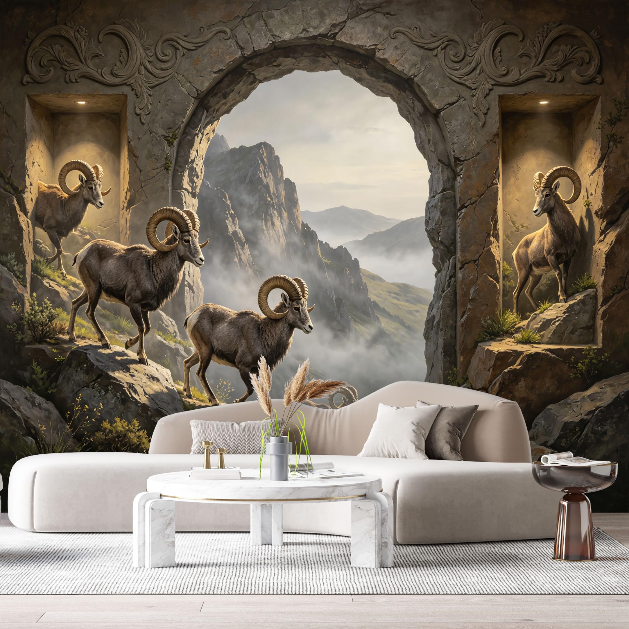 Custom Size Wall Murals Mountain Landscape Stone Archway Bighorn Sheep 3D Trompe L'Oeil SelfAdhesiveWall Fabric Removable Wallpaper Wall Decor for Living Room Bedroom Bathroom