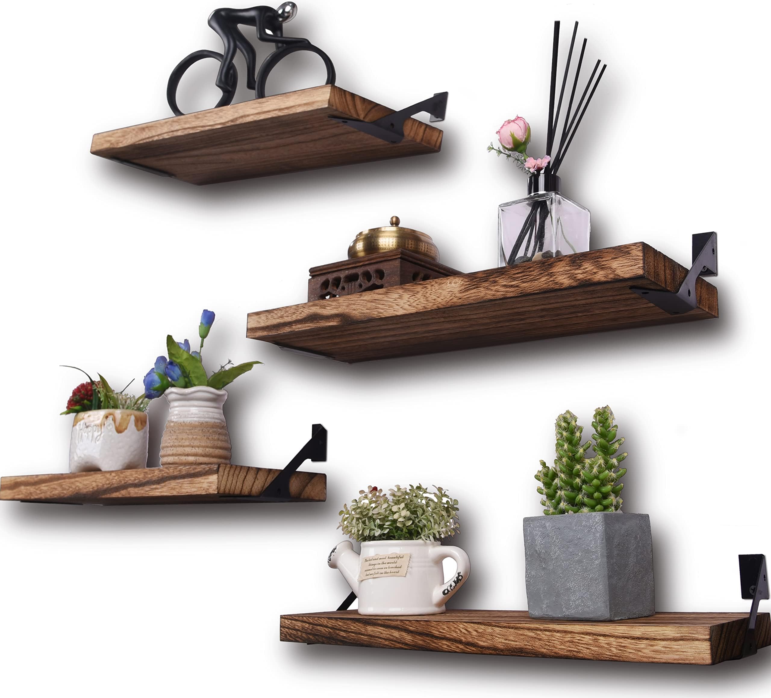 Rustic Wood Floating Shelves for Wall Decor Farmhouse Wooden Wall Shelf for Bathroom Kitchen Bedroom Living Room Set of 4 Light Brown