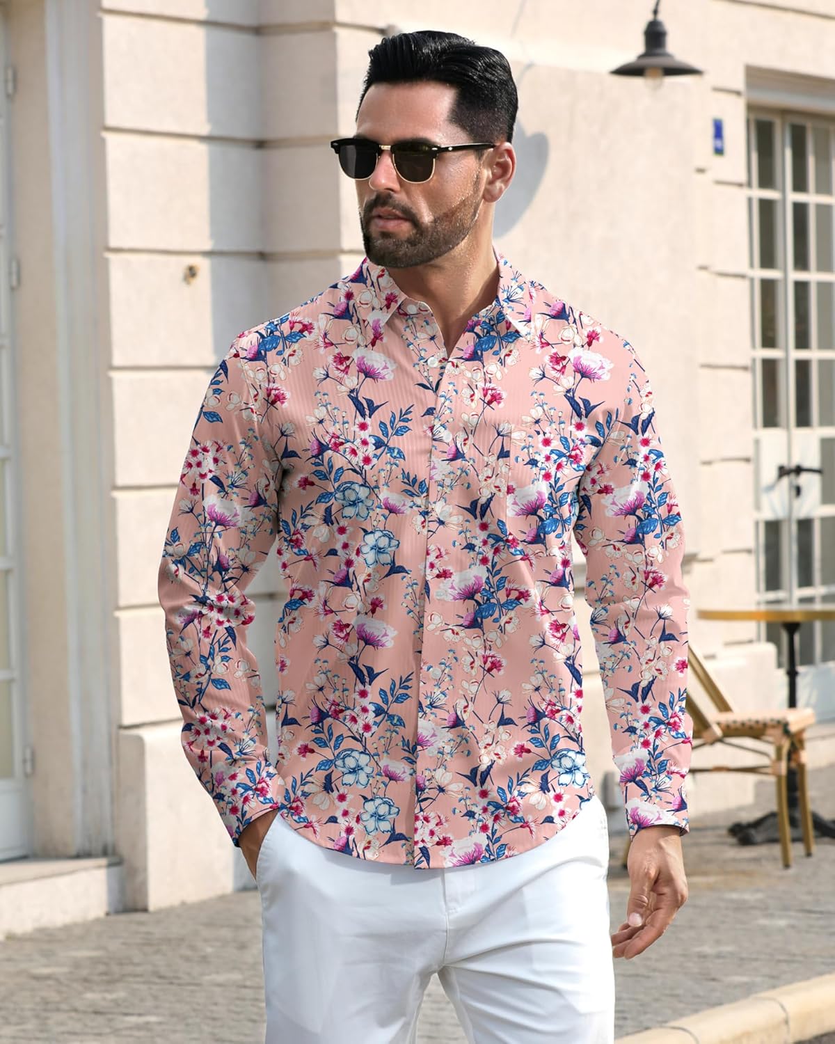 Men's Hawaiian Long Sleeve Dress Tropical Floral Printed Pattern Casual Button Down Wrinkle Free Shirts with Pocket - Image 3