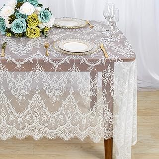 ShinyBeauty Lace-Tablecloth-Rectangular White 5Pack 60X120 Inches Vintage Eyelash Lace Fabric Tablecloth Shabby Chic Linen Table Cover Overlay Used for Wedding Holiday Party Baby Shower Decor