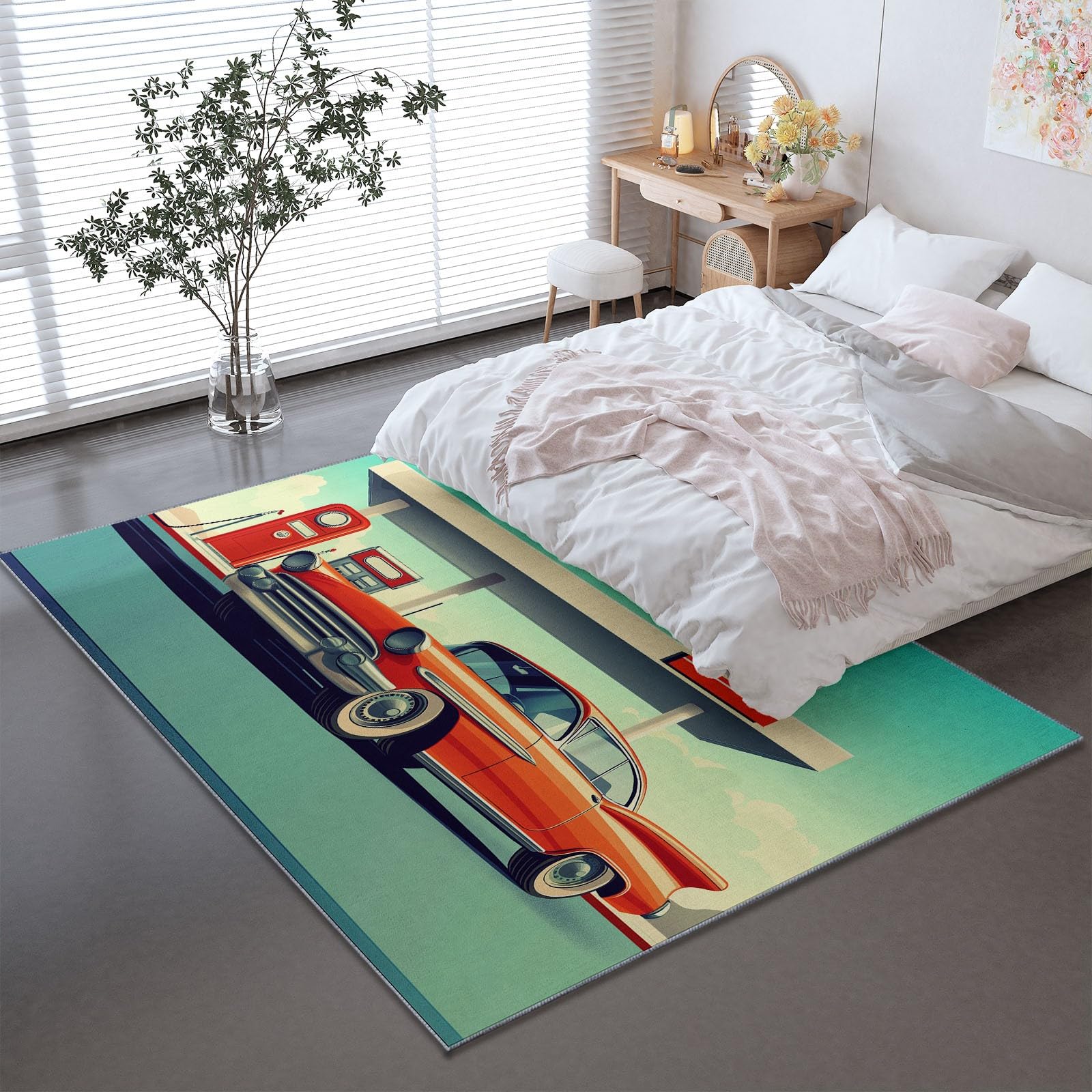 Dywan do salonu 160 x 230 cm Można prać w pralce Duży dywan Sypialnia Dorosły Retro Samochody Stacje Obsługiwane Miękkie Łóżko Downhill Dekoracja Sypialni Jedzenie, Czerwony