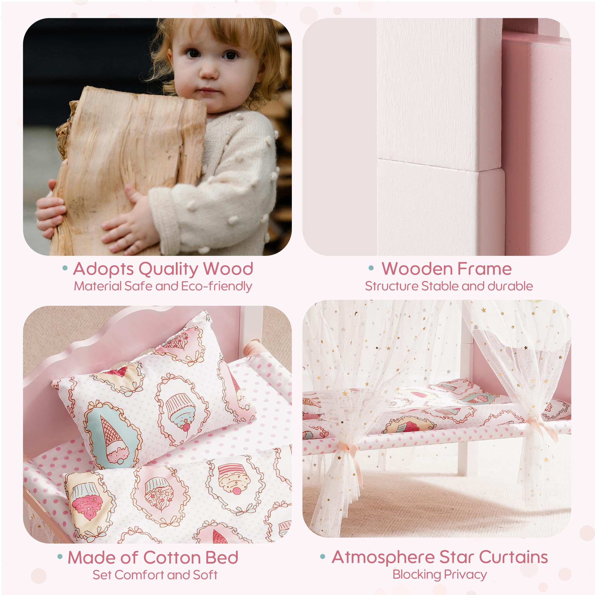 Literas de muñeca de bebé, cuna de madera para muñecas con cortina estrellada, cuna de juguete apilable para muñecas de 18 pulgadas, juego de cama para muñecas con accesorios de cama, para 4