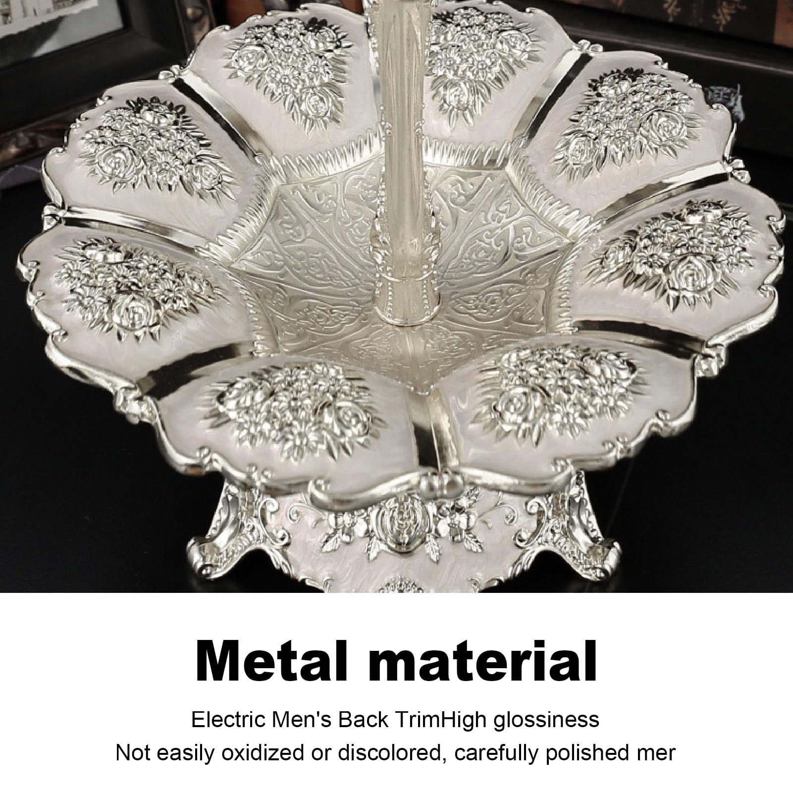 Elegante plato de servir de 2 niveles con mango conveniente para bodas y fiestas de cumpleaños, soporte de torre para pastel para un centro de mesa llamativo (Plata Blanco)
