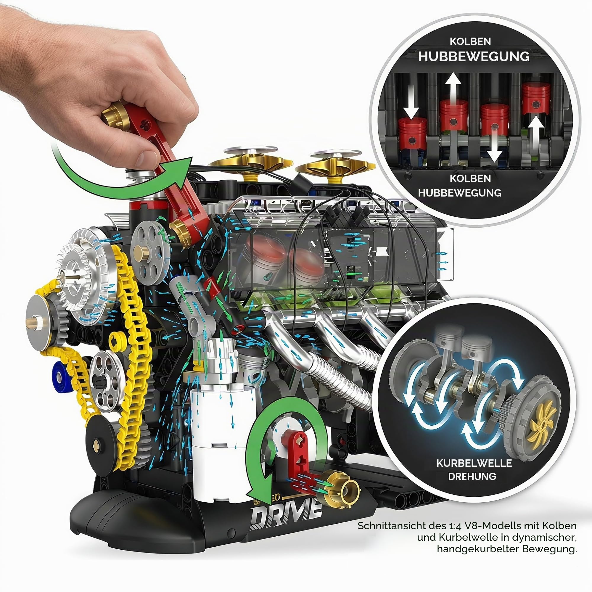 Motor Modellbausatz, V8 Modell Set Projekt Geschenkset | Motor Modell: handbetriebene Kolben, Kurbelwellenbewegung, transparentes Gehäuse und taktiles Feedback; Schreibtisch