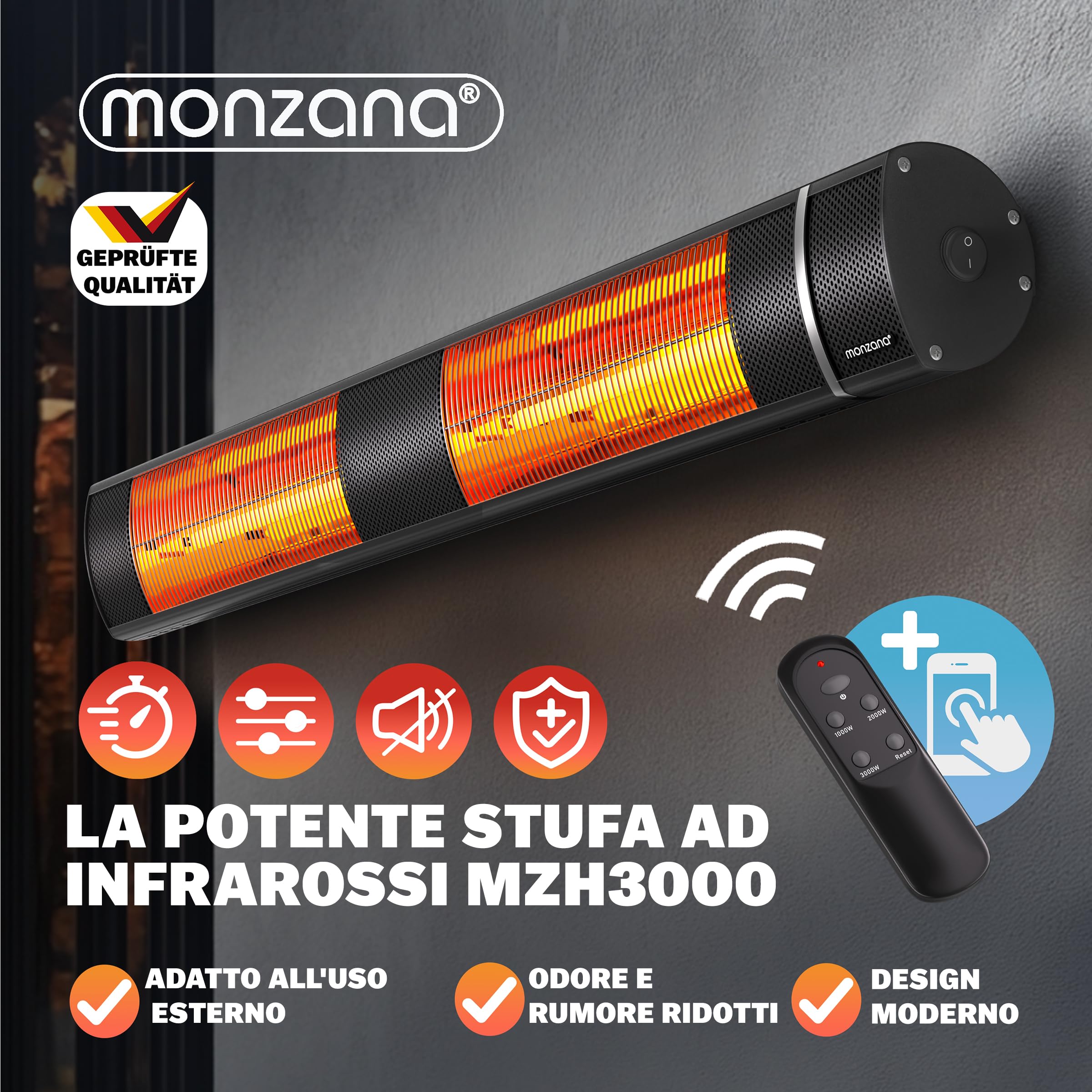 MONZANA® Stufa Elettrica a Infrarossi 3 Livelli di Calore 3000W Inclinabile 90° Telecomando App Riscaldamento Esterno