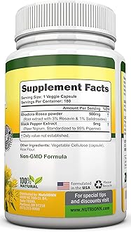 NutriONN Rhodiola Rosea - 500mg - 180 Vegan Capsules - 3% Rosavin 1% Salidroside Extract - Non-GMO - with Black Pepper for Enhanced Absorption - 6 Month Supply - Supplement for Energy & Stamina