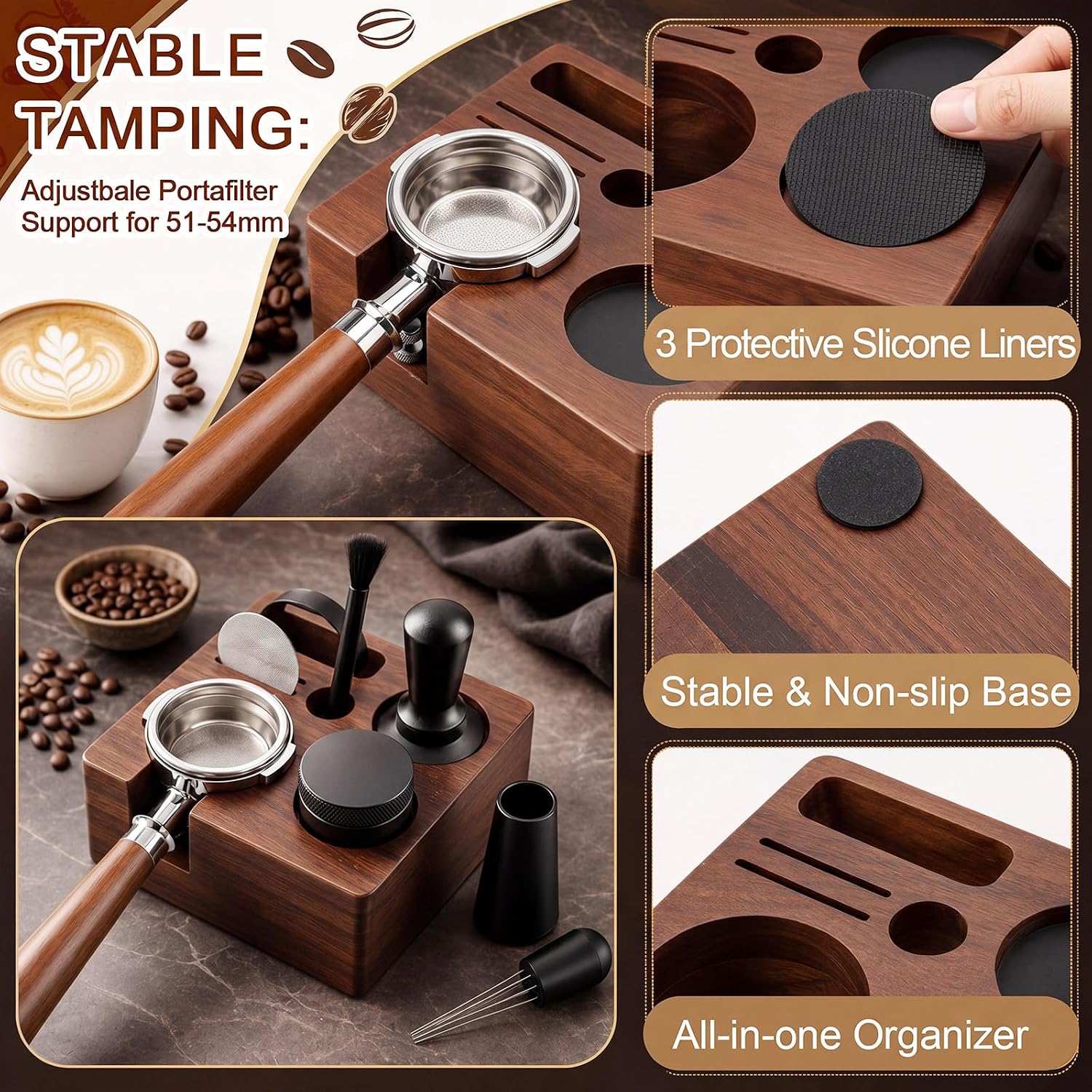7 Pcs 53mm Espresso Accessories Kit with Wood Tamping Station, Calibrated Spring Loaded Tamper, Coffee Distributor, Wdt Tool, Magnetic Dosing Funnel, Barista Coffee Prep Station Set image 3