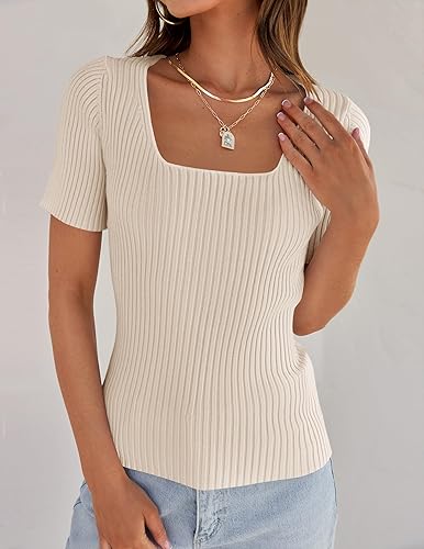 Miniatura 7 de ZESICA Camisetas de manga corta con cuello cuadrado para mujer, ajustadas, de verano, de punto acanalado, básicas, casuales