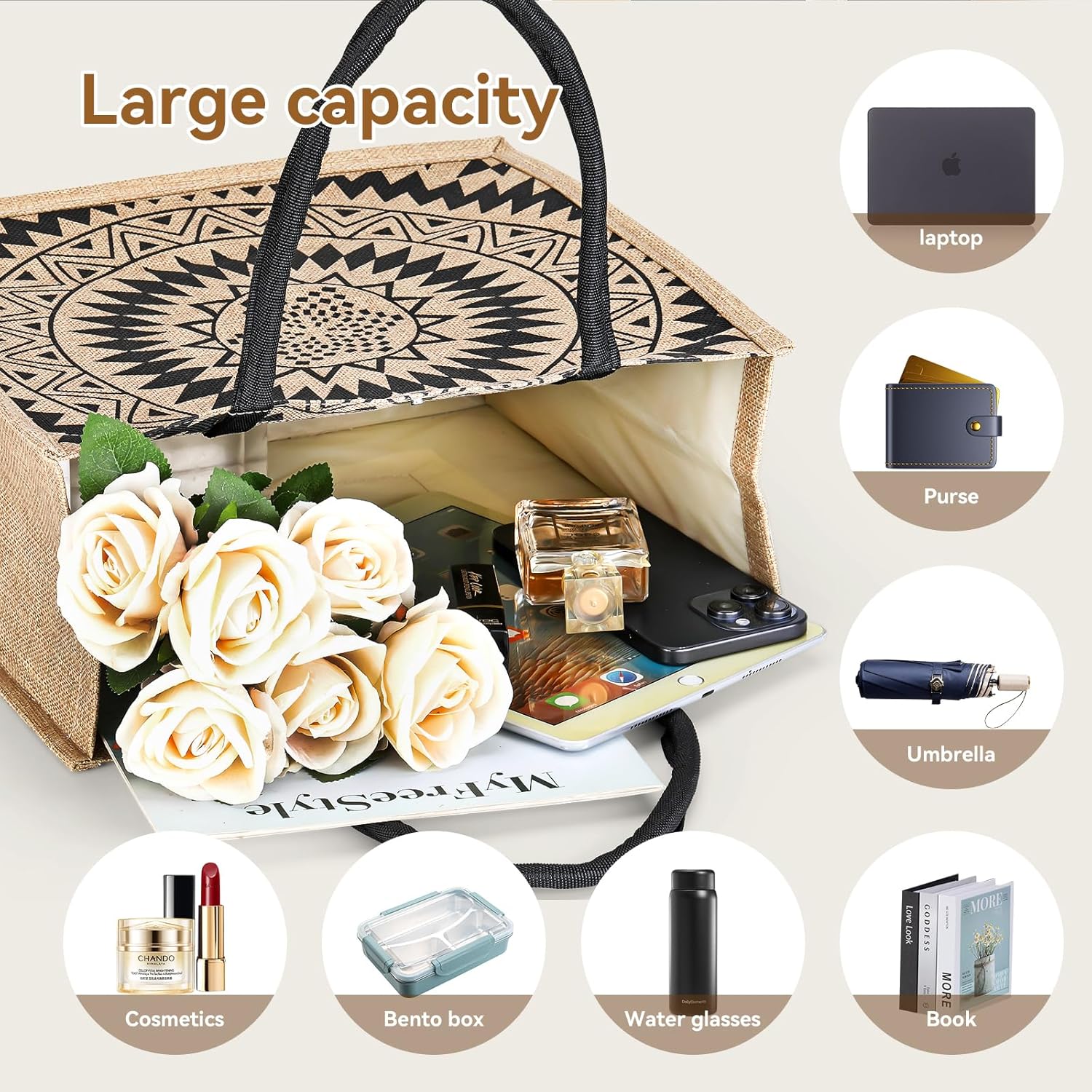 Jute Tote Bags for Women,14''x12'' Large Burlap Tote Bag with Laminated Interior and Soft Handles for Shopping Traveling - Image 5