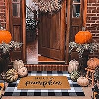 Vista 12 de Juego combinado de tapetes de puerta de decoración de otoño, 100% fibra de coco + alfombra a cuadros naranja y negra de 28 x 43 pulgadas, tapete