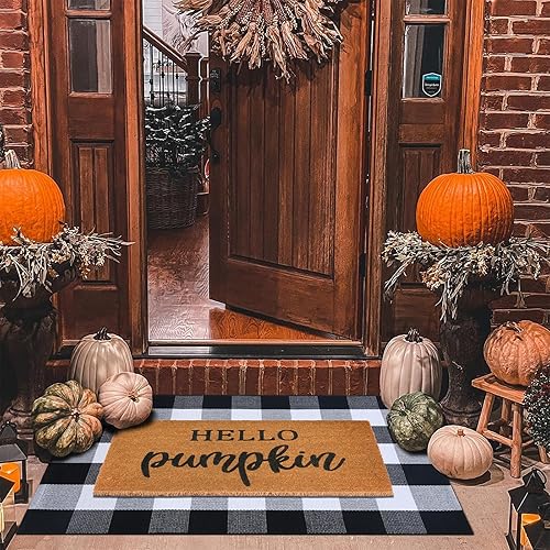 Juego combinado de tapetes de puerta de decoración de otoño, tapete de bienvenida 100% fibra de coco + alfombra a cuadros blancos y negros de 28 x