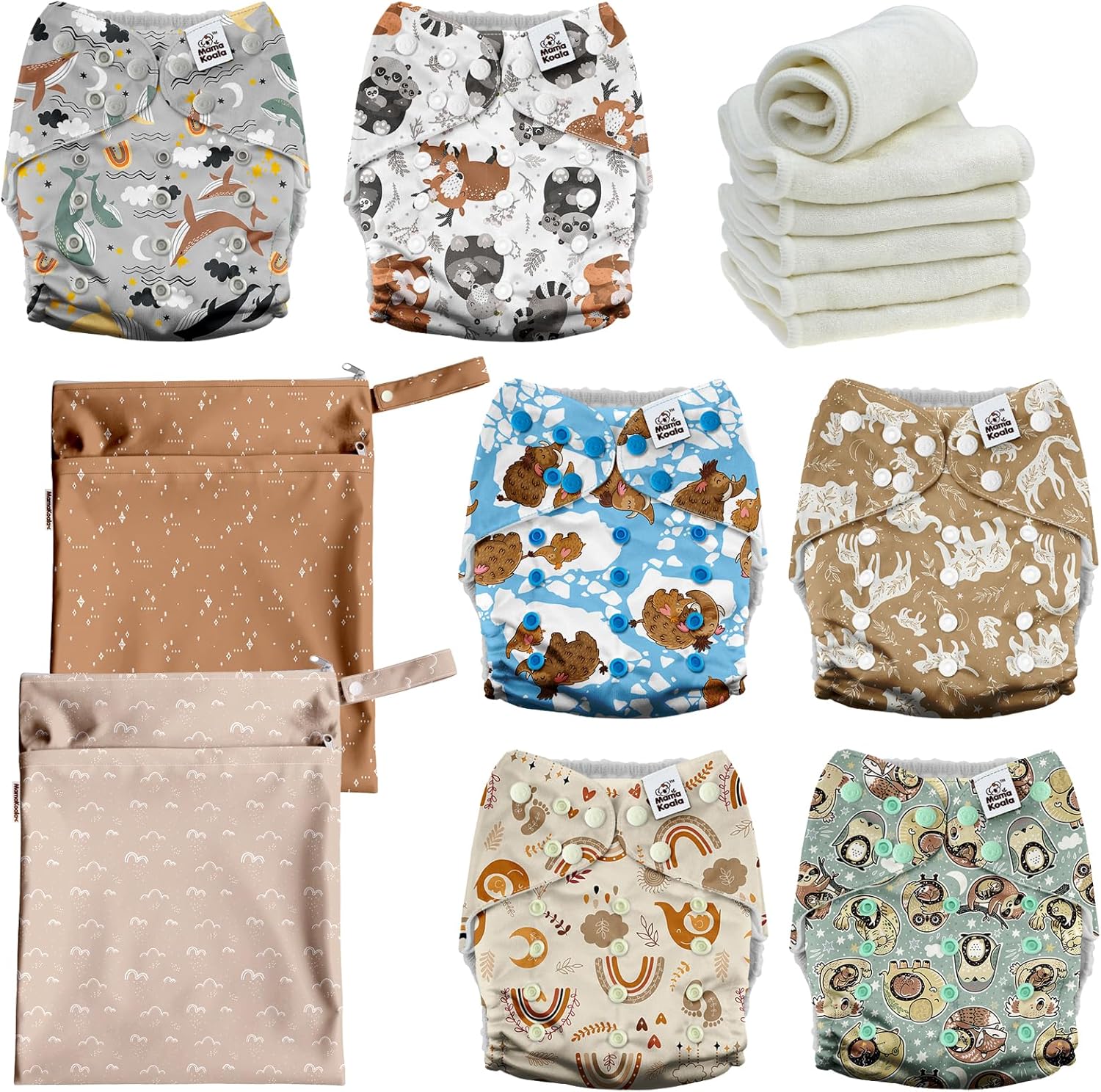 Mama Koala 3.0 Baby Cloth Diapers with 6 Inserts Bundle, with 2 Pack Reusable Wet Dry Bag