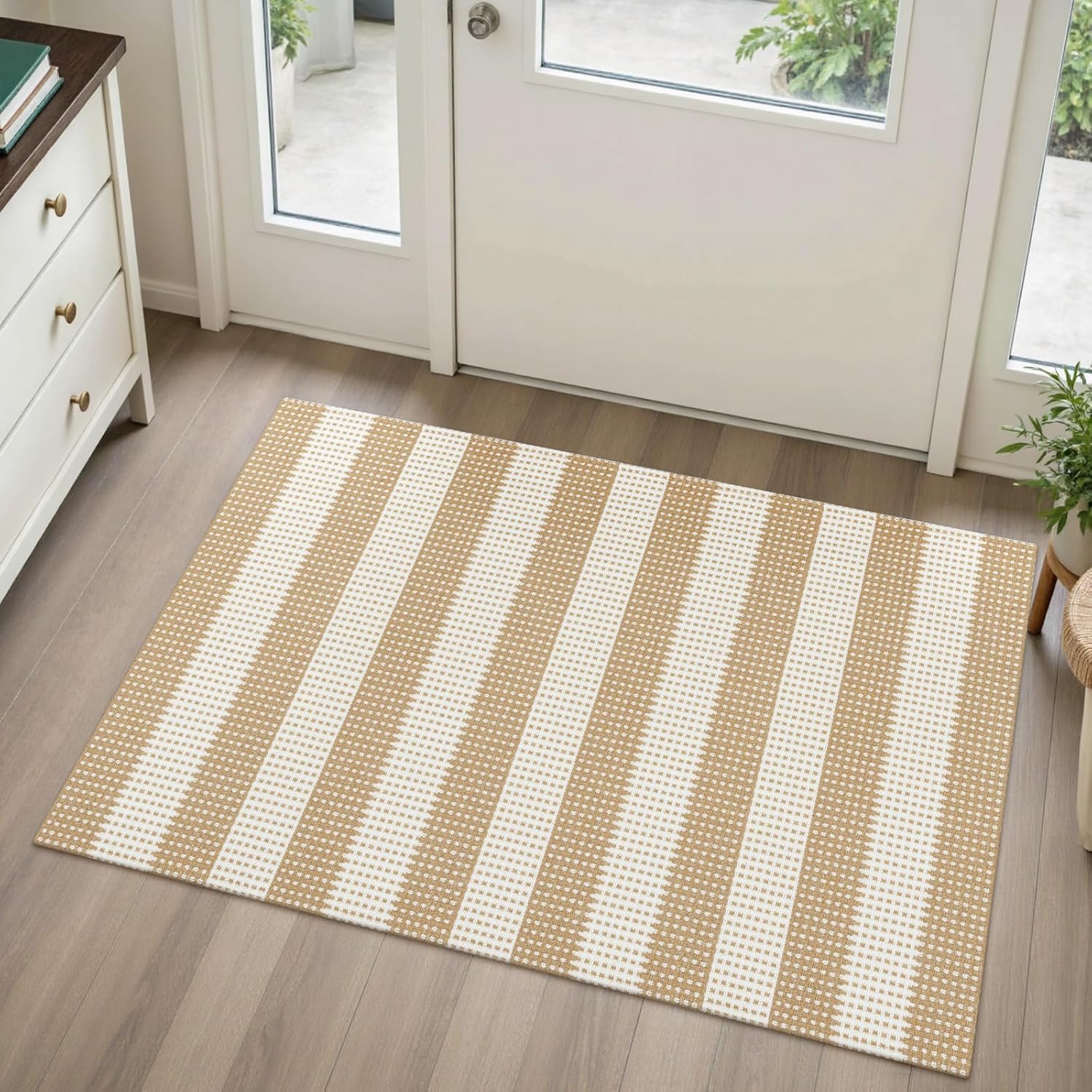 Rugalia Washable Woven Runner Rug, 2x5 Khaki Striped Cotton Rug Runners for Hallway Non-Slip Entryway Runner Rugs, Modern Natural Long Throw Carpet for Kitchen Porch Laundry