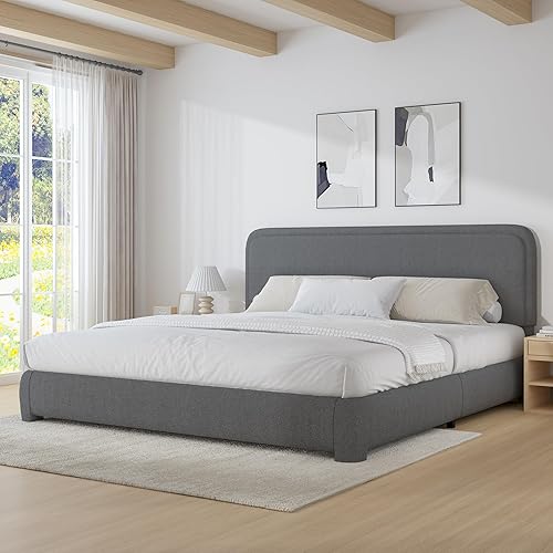 Miniatura 36 de Boucle - Marco de cama tamaño individual, plataforma tapizada con cabecero, estilo moderno, esquinas redondeadas suaves, no requiere somier, fácil