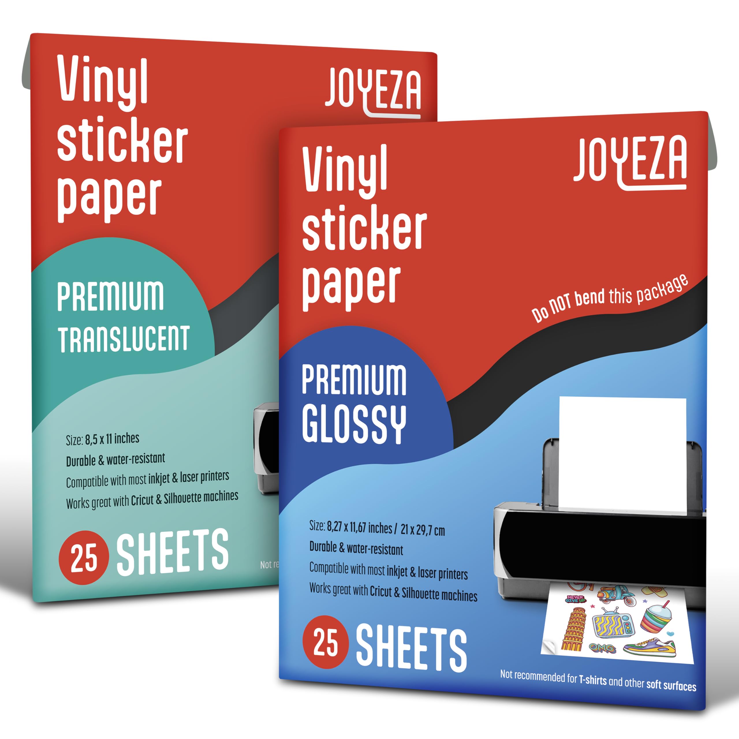 JOYEZA Premium Printable Vinyl Sticker Paper for Inkjet Printer - 25 Glossy + 25 Translucent Sheets White Waterproof, Dries Quickly Vivid Colors, Holds Ink well Tear Resistant - Inkjet & Laser Printer