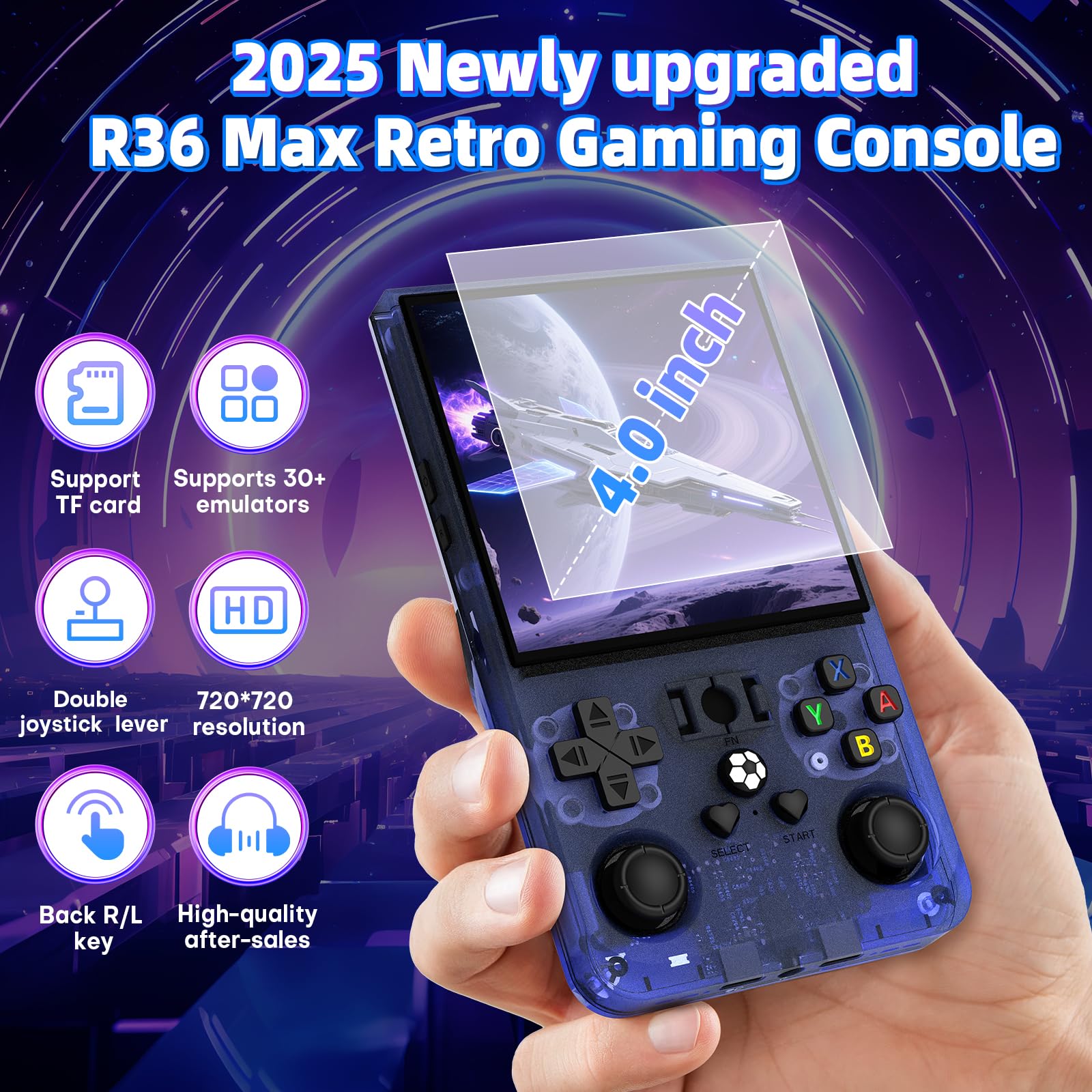 Consola Portátil Retro R36MAX – Pantalla IPS 4.0″, Más De 22.000 Juegos Y 30 Emuladores, 128GB, Batería 4000mAh, Morado