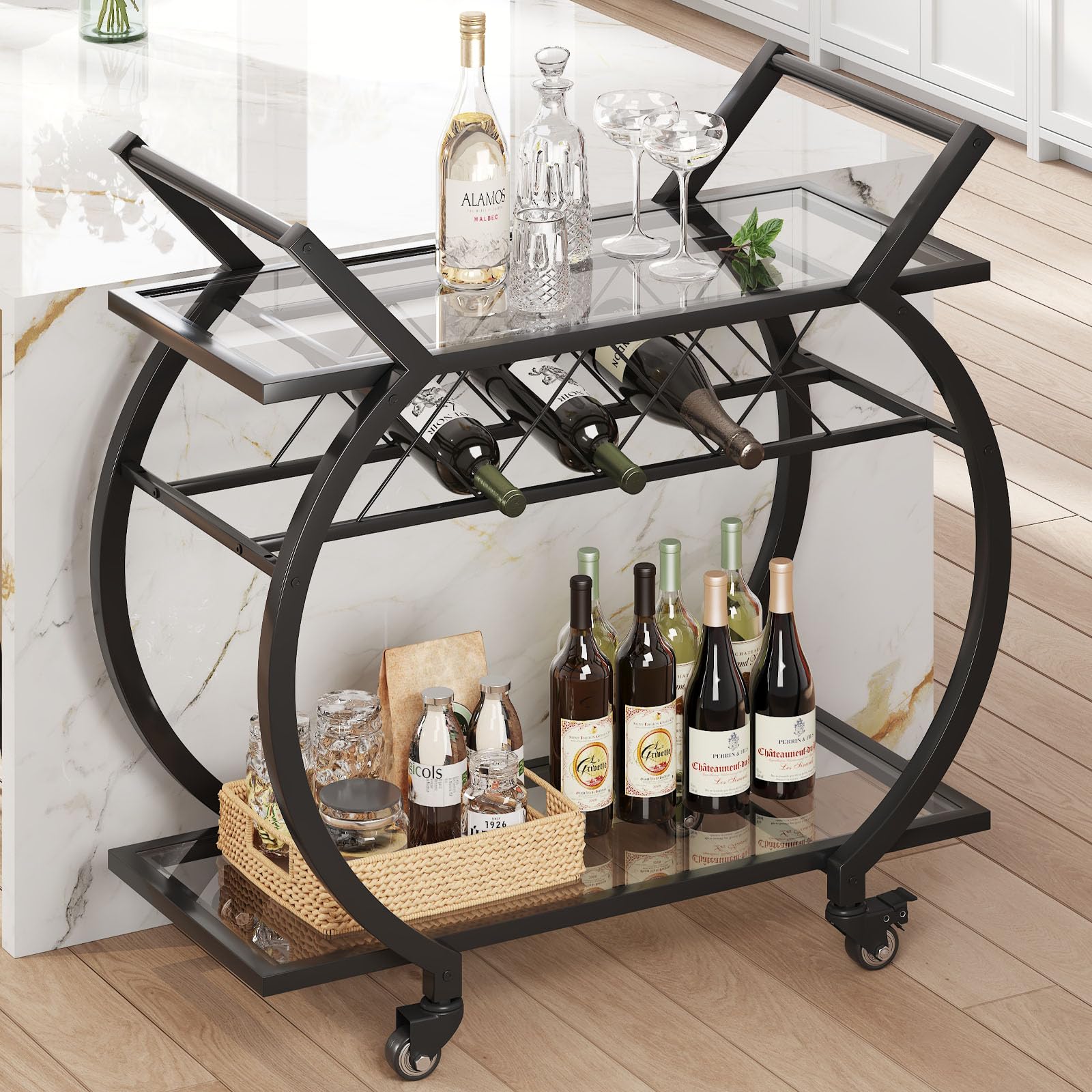 LVB Bar Cart with Glass, Black Bar Cart with Wheels, Home Bar Serving Cart