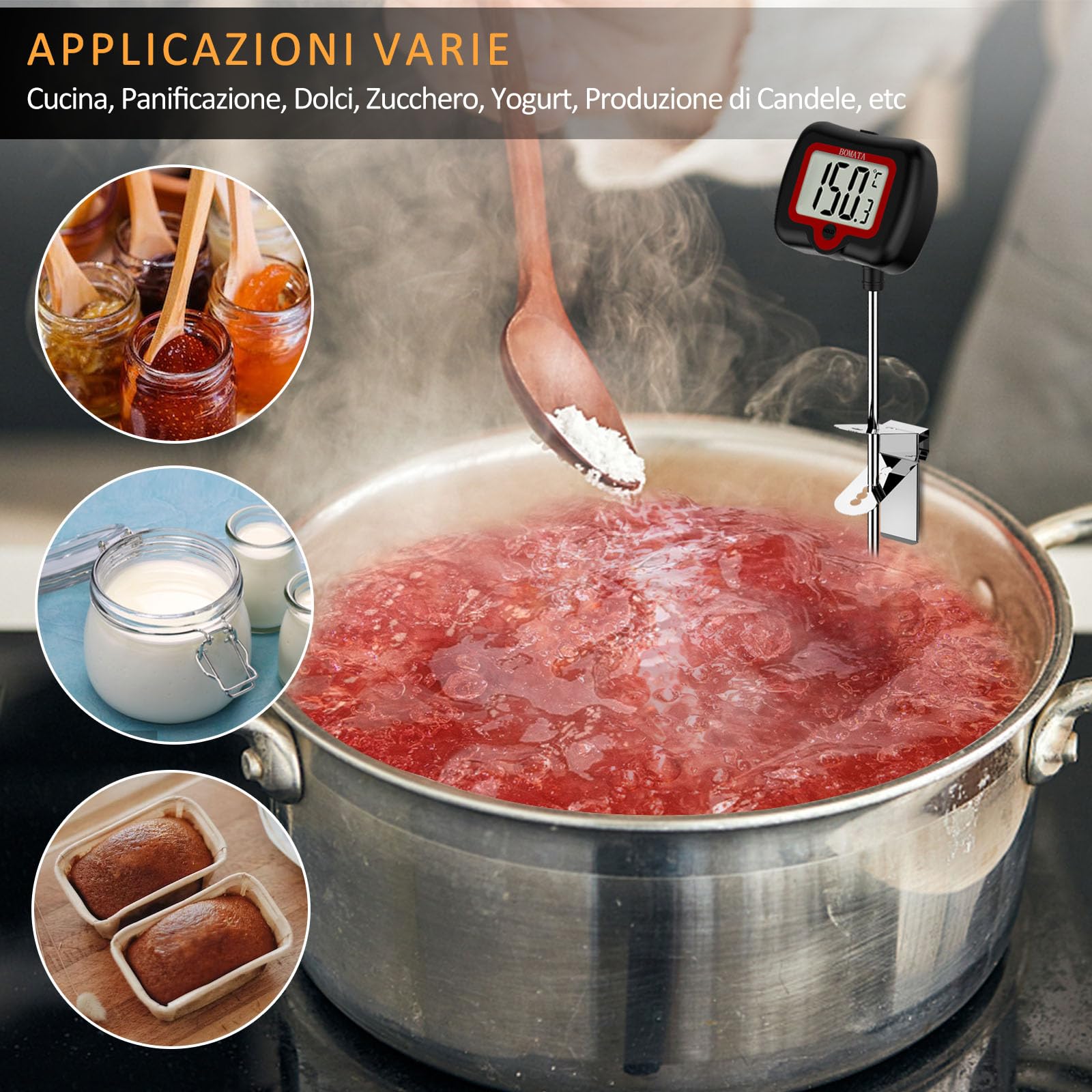 BOMATA Termometro per caramelle con sonda lunga da 8" con clip per pentola, display rotante, Termometro digitale ad alta precisione con lettura istantanea per candele