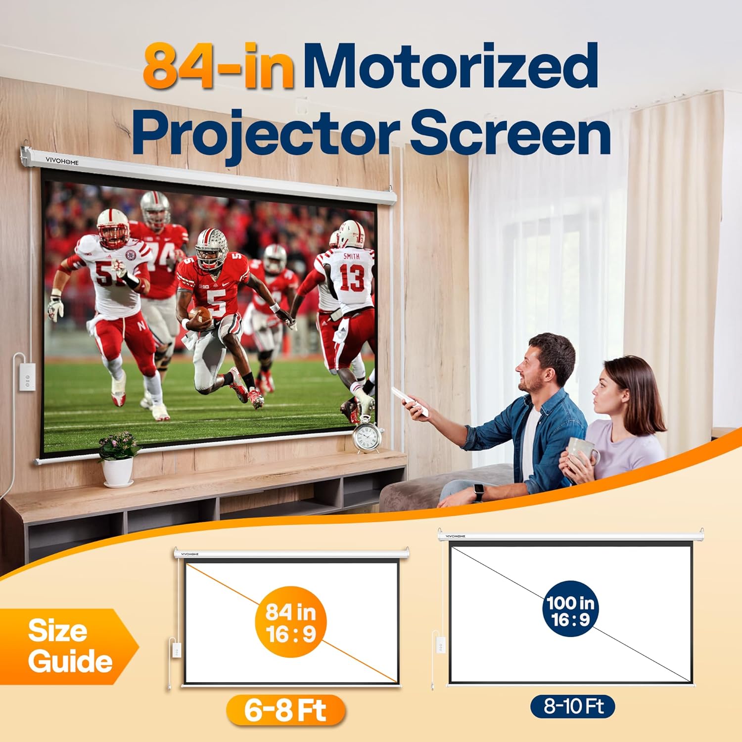 VIVOHOME 84-inch motorized projector screen in a living room with a size guide overlay.