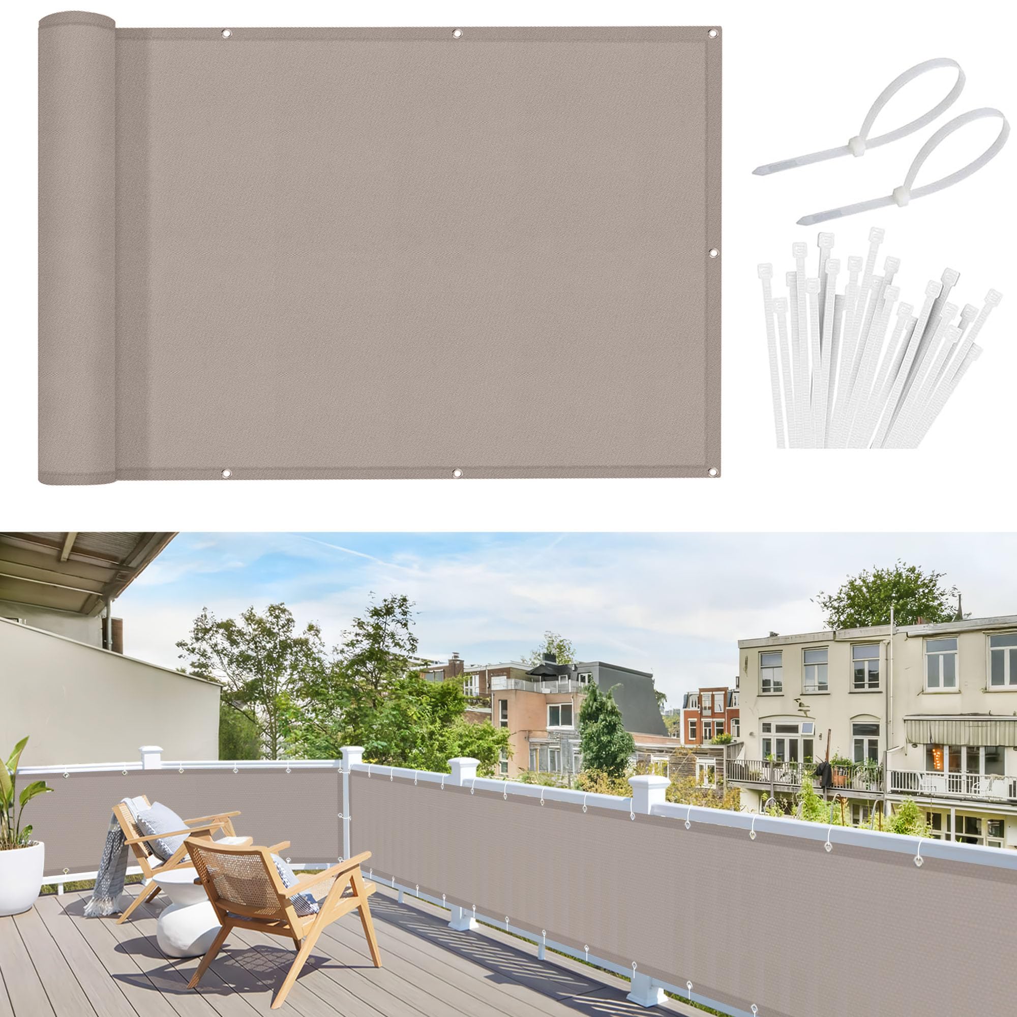 Tenda Frangivista Per Balcone AEREY 80x600cm - Schermo Privacy Taupe Con Occhielli In Acciaio - Protezione Da Vento, Sole E Sguardi Indiscreti