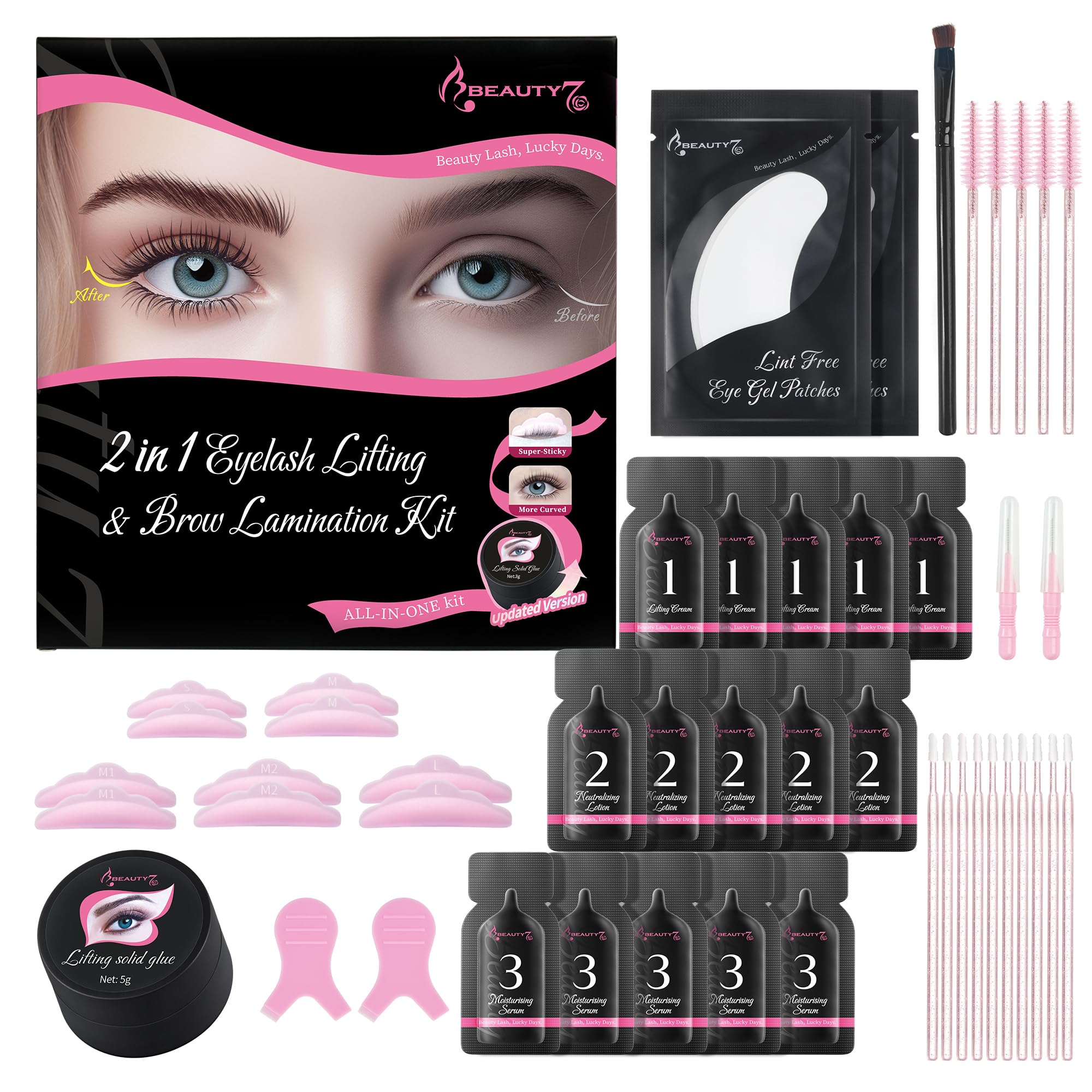 Beauty7 Upgraded 2 en 1 Kit de Laminación de Pestañas y Cejas con Glue Balm, Kit de Elevación de Pestañas, Permanente Lifting Kit de Pestañas Rizador, Paquete Individual Pack de 5