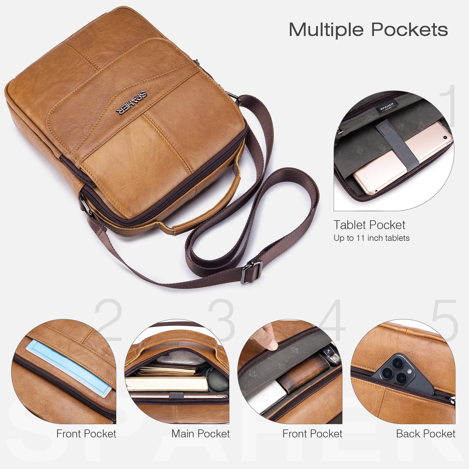 SPAHER Bandolera Hombre Piel Grande Bolso Caballero Bandolera Cuero para iPad 11 Pulgadas Bolsos Hombre Bandolera Piel Bolso de Cuero Mariconeras Hombres Man Bag