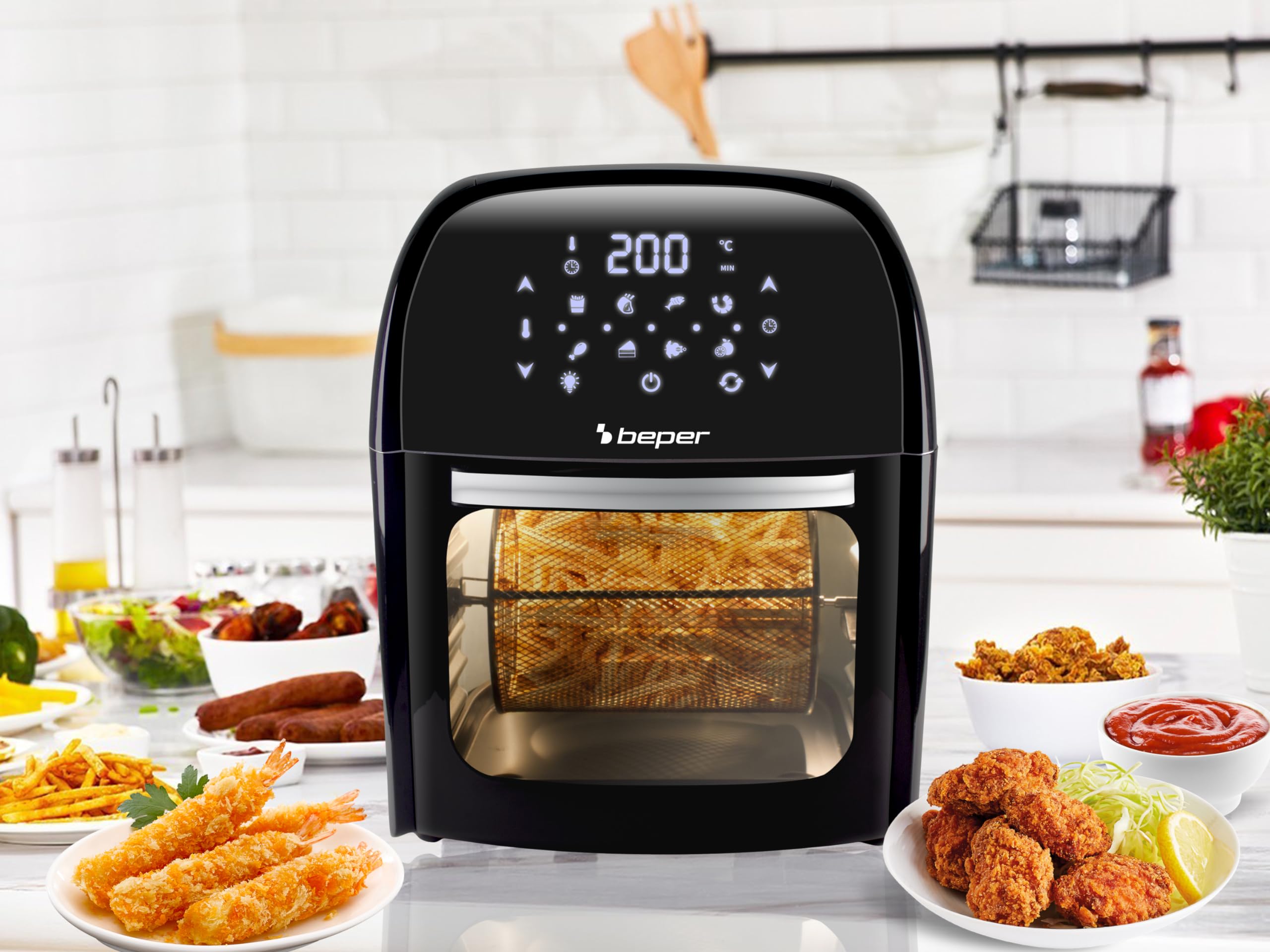 BEPER P101FRI012 Digitale Heißluft Fritteuse, Girarrosto, Ofen, Toaster, Trockner,12L, 1800W, Touch-Panel, 8 Programme, Zubehör, Verstellbar, Schwarz
