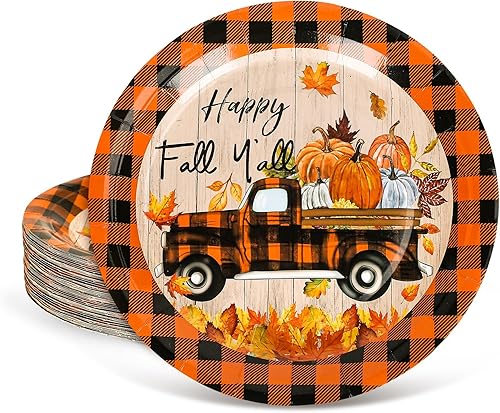 Whaline 40 platos de papel de otoño de 9 pulgadas, platos de papel desechables a cuadros de búfalo naranja y negro, platos de papel desechables de