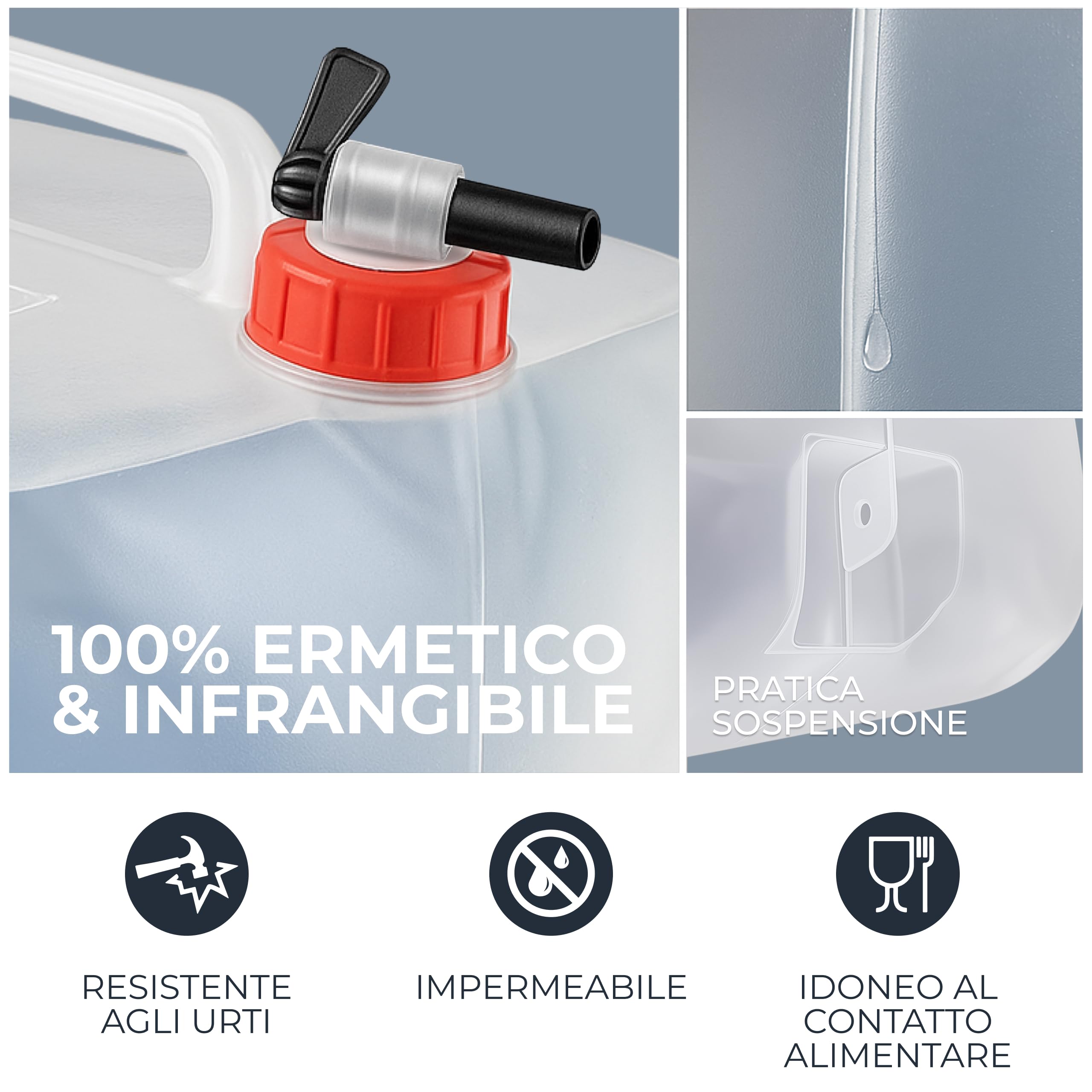 4 taniche per acqua da 10 l, pieghevoli, con pratico rubinetto e maniglia per il trasporto, con coperchio a vite, 100% ermetiche, per campeggio, attività all'aperto, ecc