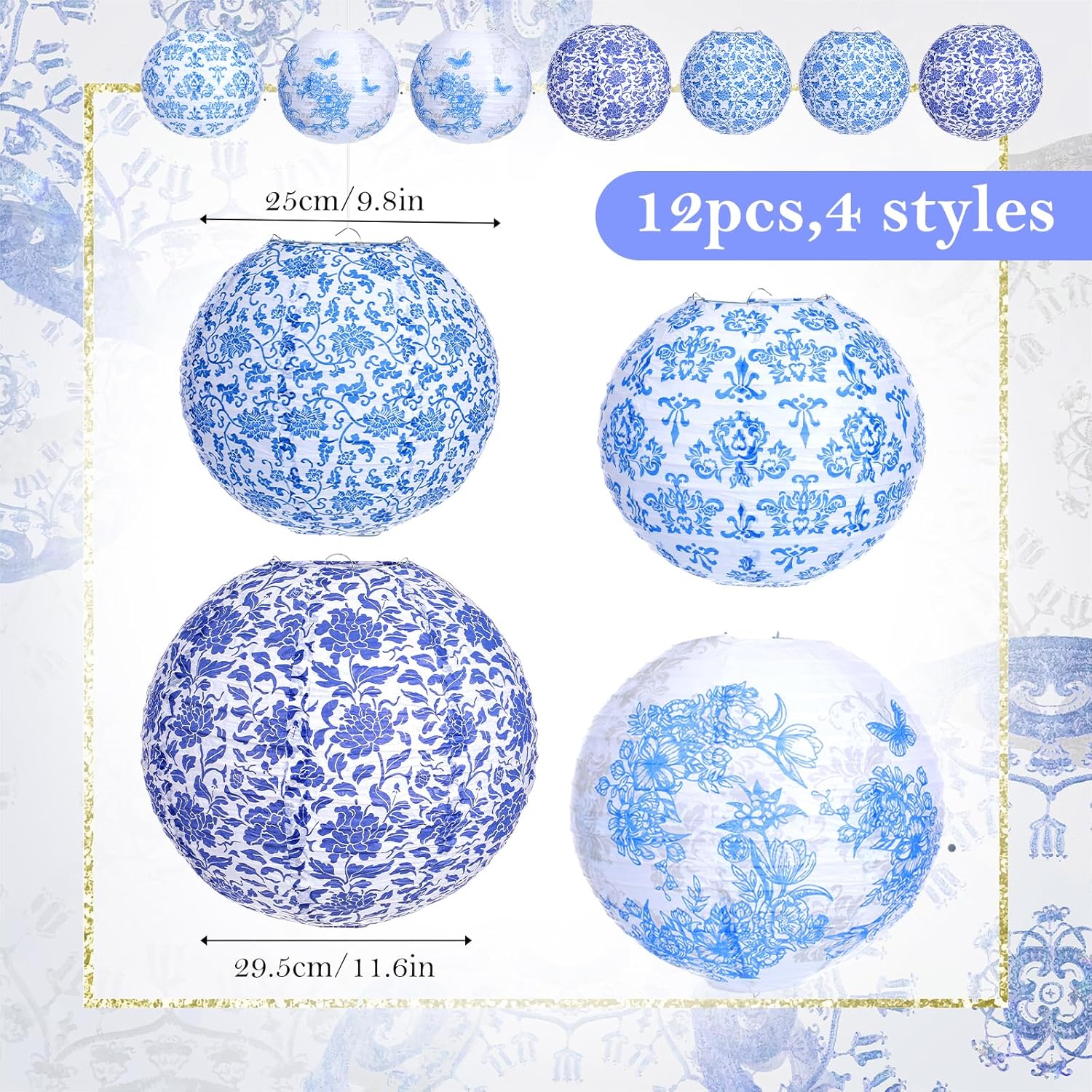 12pcs Blue Chinese Paper Lanterns - Decorative Outdoor Hanging Paper Lanterns for Weddings, Parties, and Celebrations
