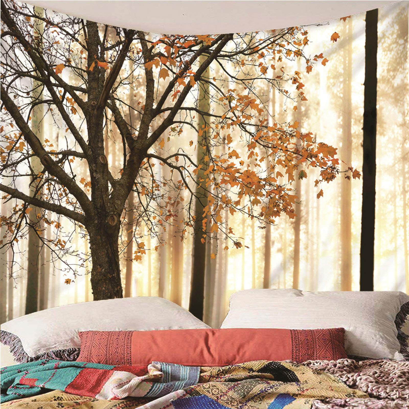 Kihomedy Las klonowy słońce przyszłość żółty gobelin hippie dekoracja domu 350 x 256 cm