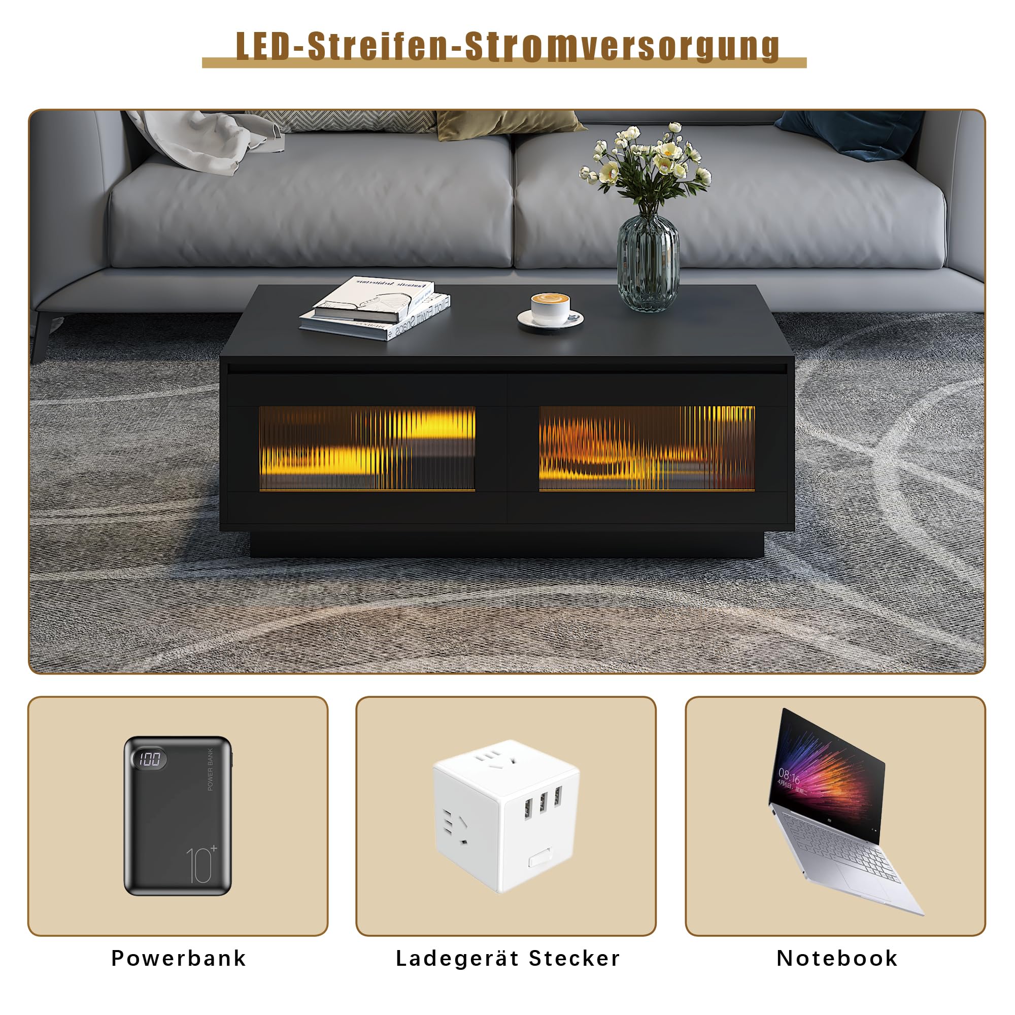 KEEPREAPER Couchtisch Wohnzimmertisch mit LED Beleuchtung, Sofatisch mit 2 Ablagefächern für Wohnzimmer, 108x50x40cm (Schwarz)