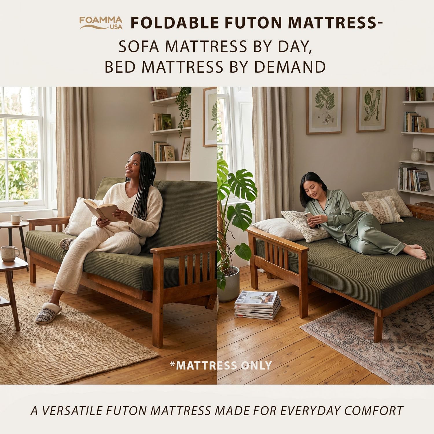 FoammaUSA Premium Corduroy Futon Couch Mattress – Made in USA 6-Inch Memory Foam Infused Easy fold Sofa Bed with Heavy-Duty Zipper & Removable Cover, CertiPUR-US Certified (Frame Not Included)