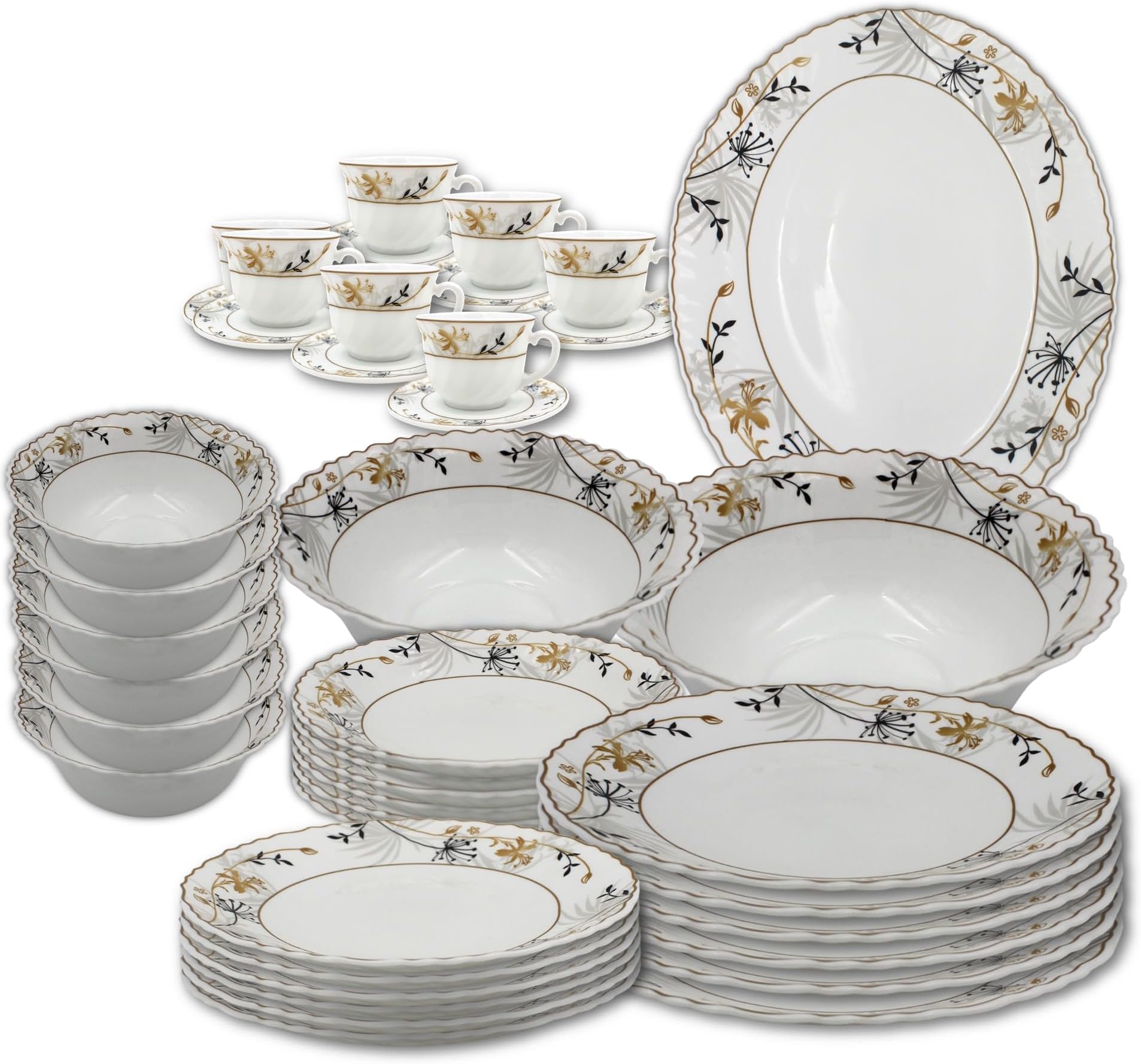 Danny home Opalware 39 Pcs Dinnerware set of 6 Dinner plate, 6 Dessert plate, 6 Soup plate, 6 Bowl, 1 Medium Salad bowl, 1 Large serving bowl, 1 Large serving plate & 6+6 cup & saucer