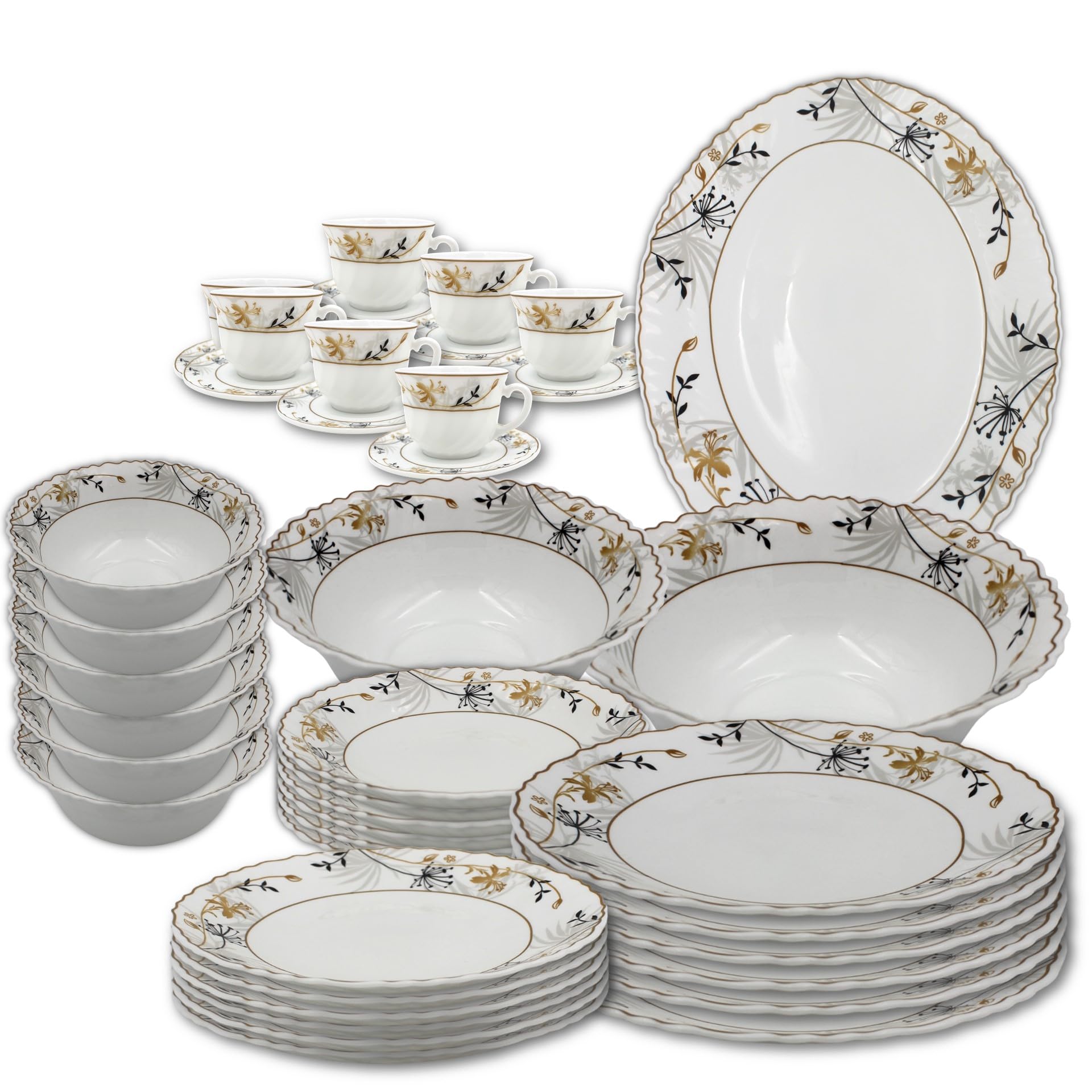 Danny home Opalware 39 Pcs Dinnerware set of 6 Dinner plate, 6 Dessert plate, 6 Soup plate, 6 Bowl, 1 Medium Salad bowl, 1 Large serving bowl, 1 Large serving plate & 6+6 cup & saucer