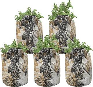 Ambesonne Vintage Botany Grow Bags 5-Pack, Close up Cocoa Beans, Heavyduty Fabric Pots with Handles for Plants, Amber Charcoal Grey
