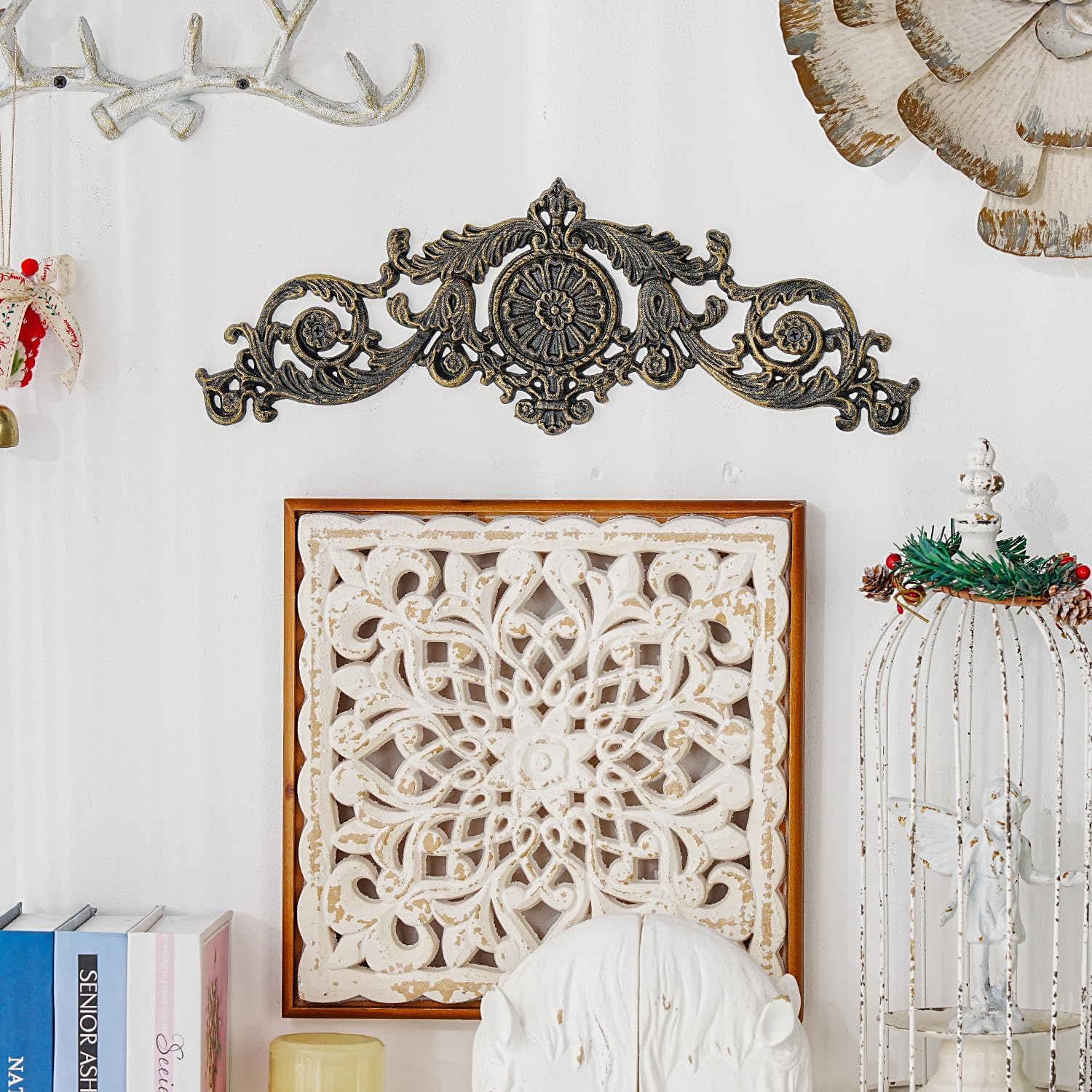 Sungmor Antique Style Cast Iron Wall Decor - Ornate Scroll and Floral Design Metal Plaque for Home or Garden Décor - Fireplace Mantel, Furniture Decorative Accent - 17.5 Inch & Rustic Gold Finish