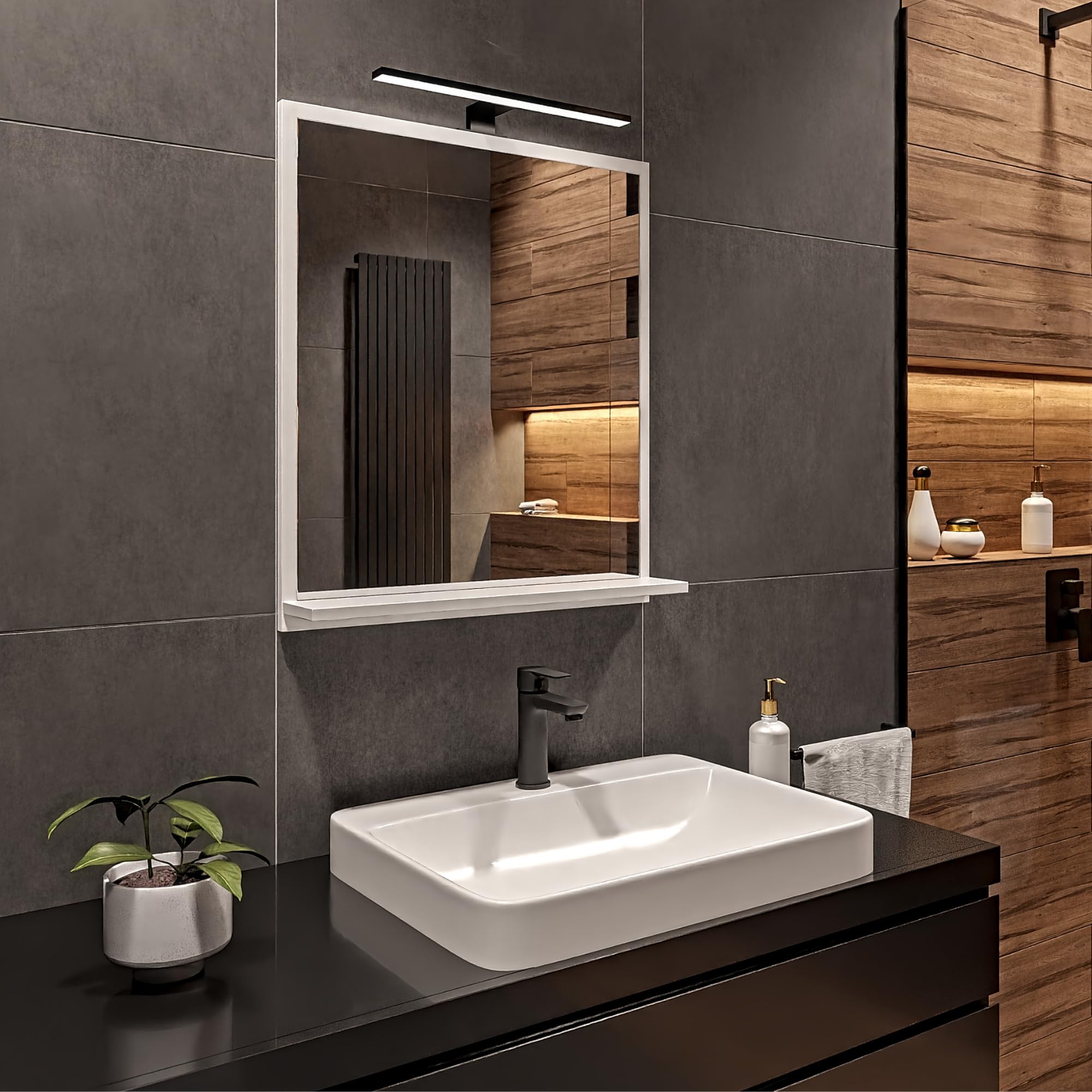 Espejo de Baño con Luz LED 60x70 cm Blanco Espejo de Pared con Estante Luz Neutra 4000K Carcasa Negra